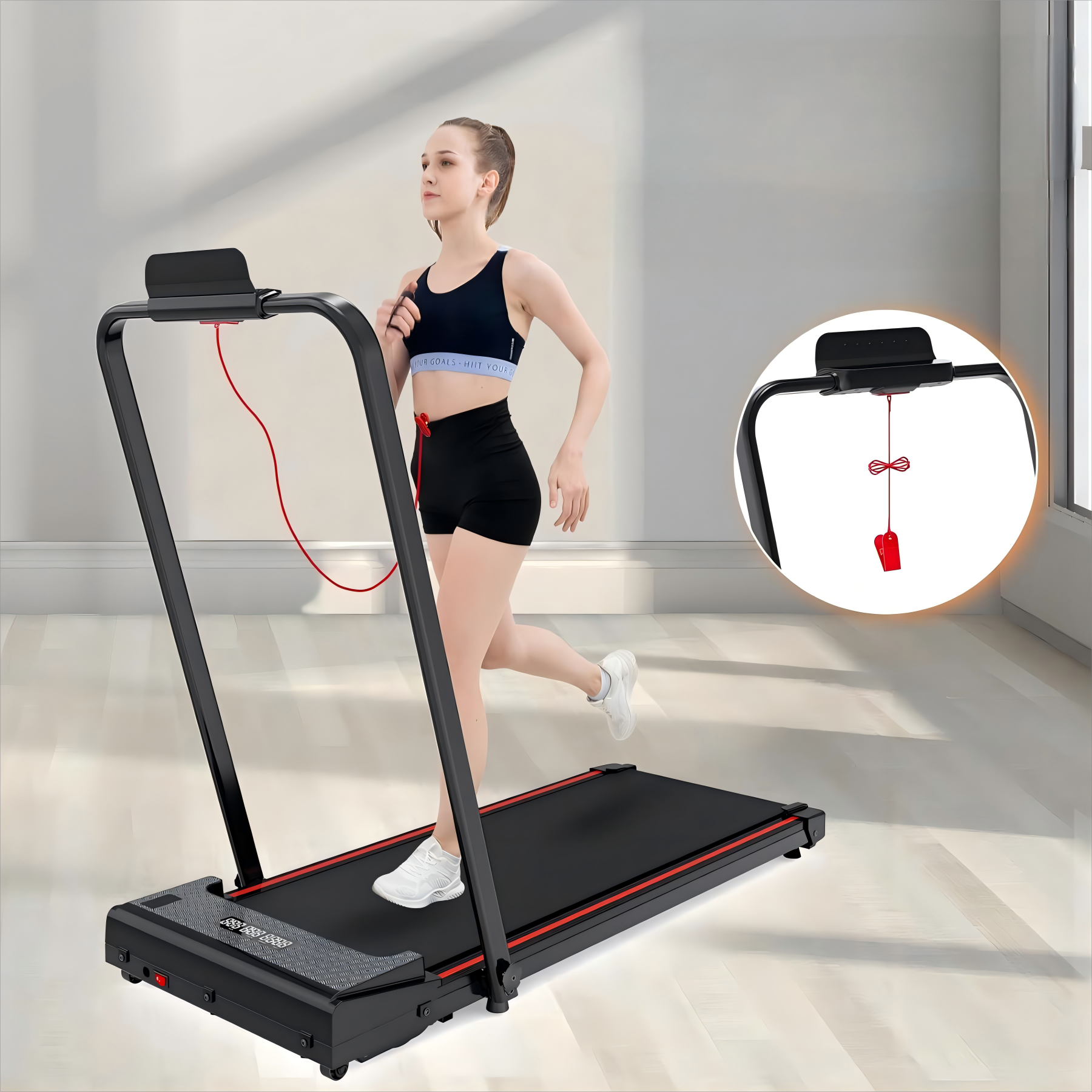 Donna che corre su un tapis roulant. Tapis roulant nero e rosso. Telefono sul display.