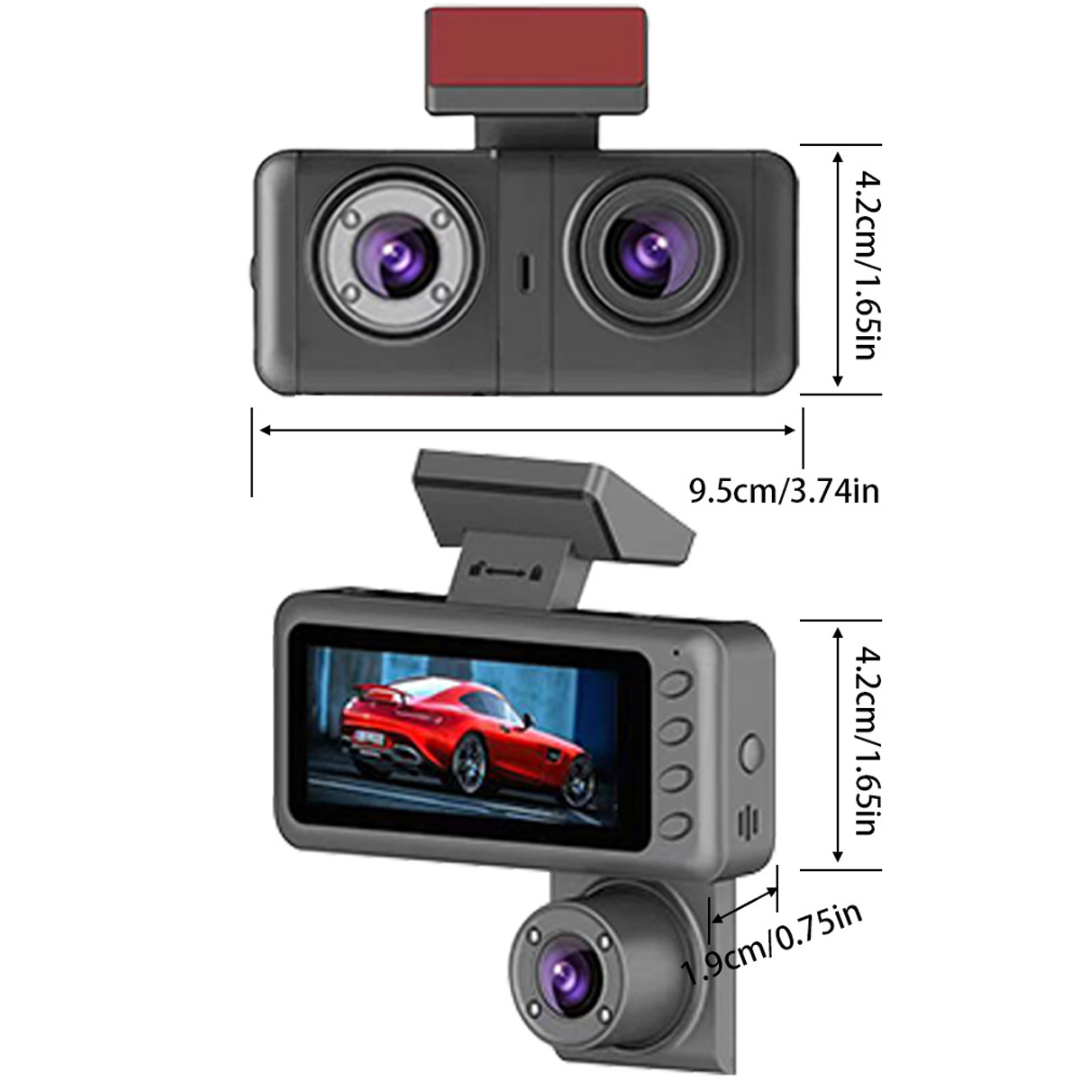 Dashcam mit zwei Kameras und einem Bildschirm, der ein Auto anzeigt. Abmessungen werden angezeigt.