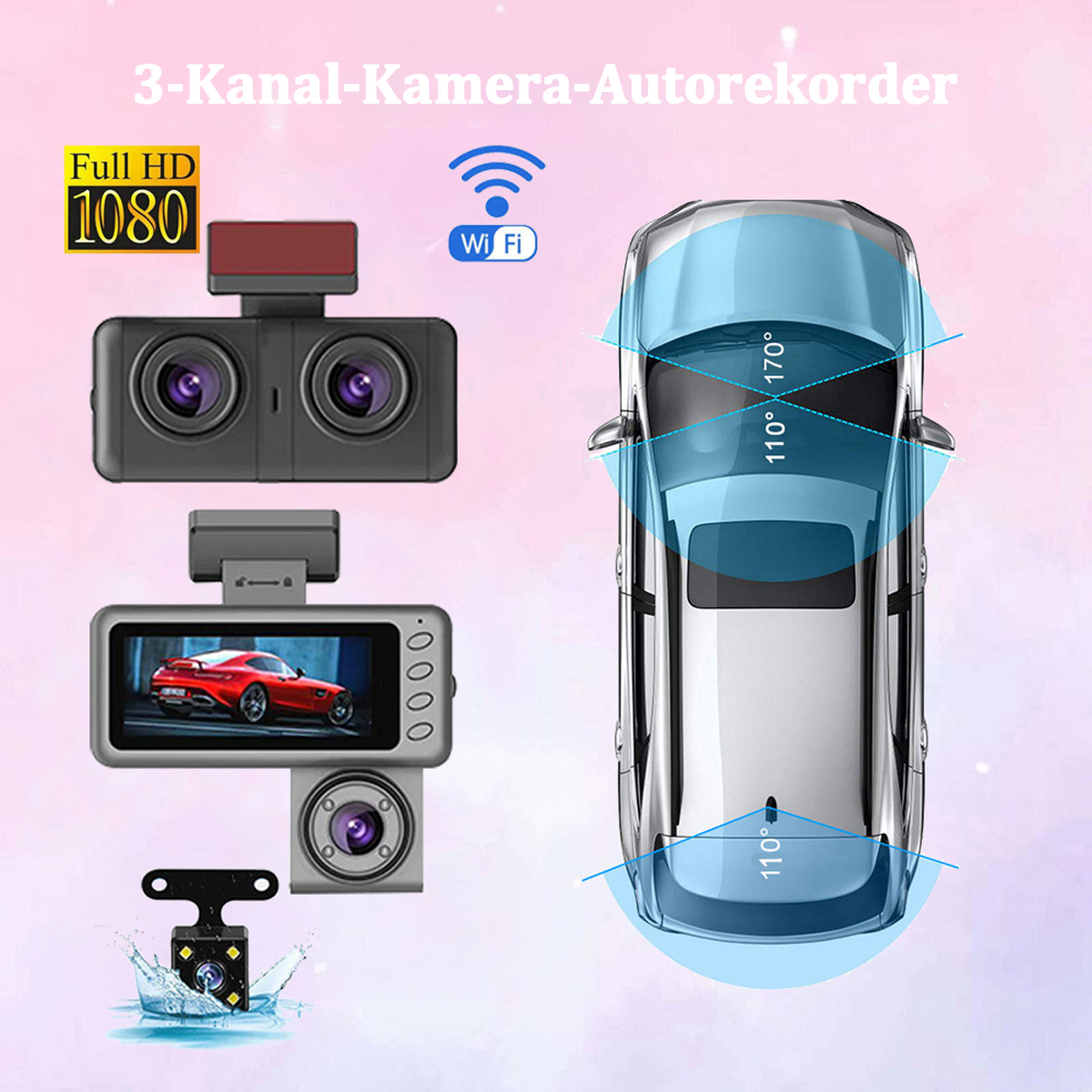 Auto-Dashcam-Komponenten: zwei Frontkameras, Rückkamera und ein Diagramm mit Blickwinkeln.