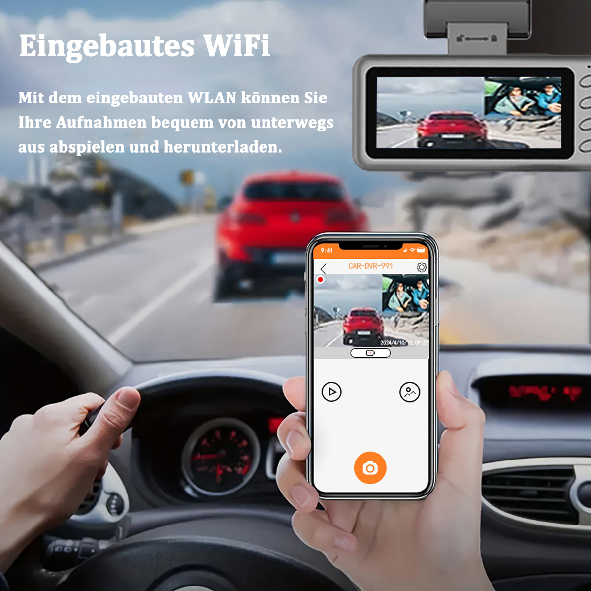 Ein Auto-Innenraum mit Armaturenbrettkamera und Telefon, das die Rückansicht eines Autos anzeigt. Das Auto ist rot und fährt auf einer Straße.