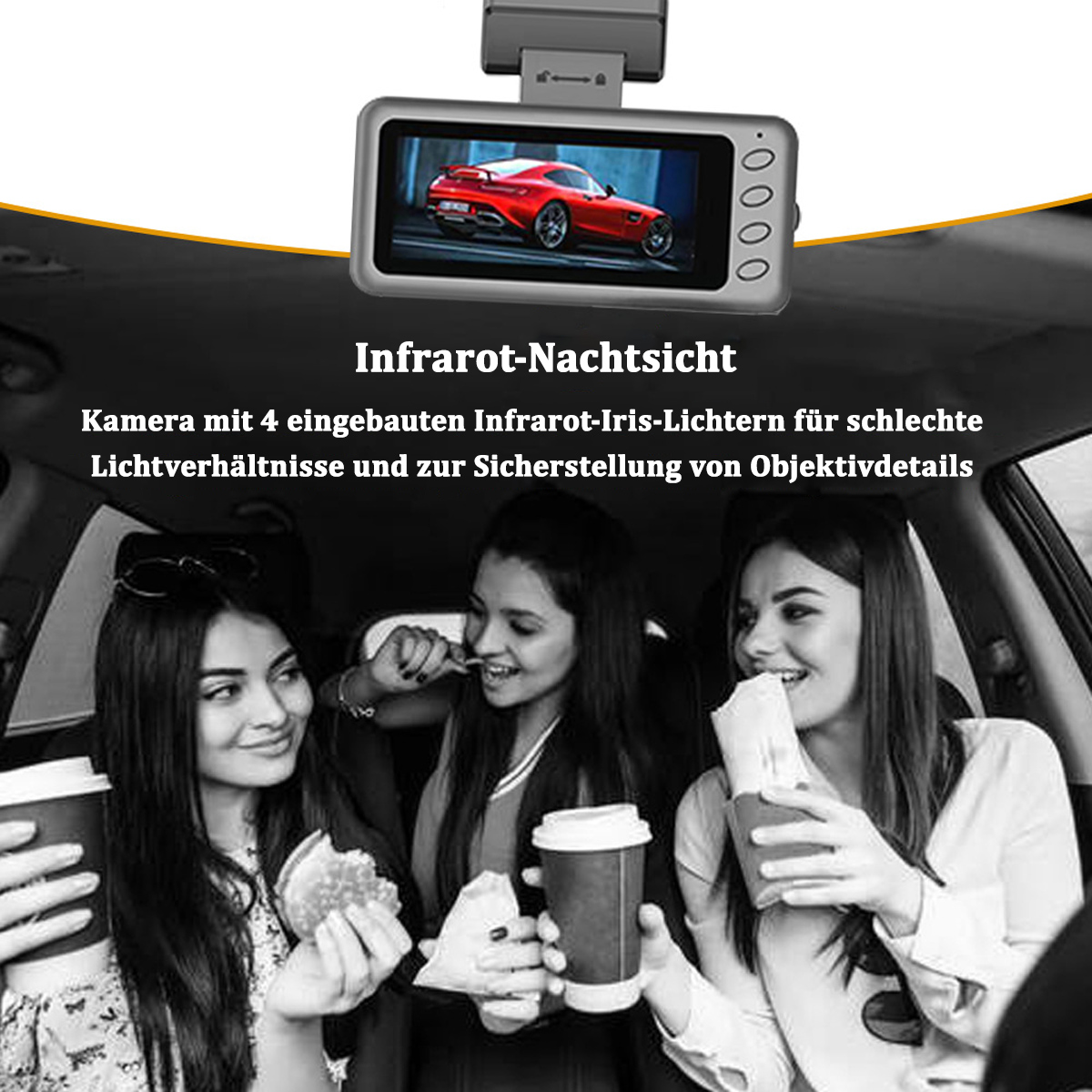 Drei Frauen im Auto blicken auf eine Armaturenbrettkamera. Text: 'Infrarot-Nachtsicht'.