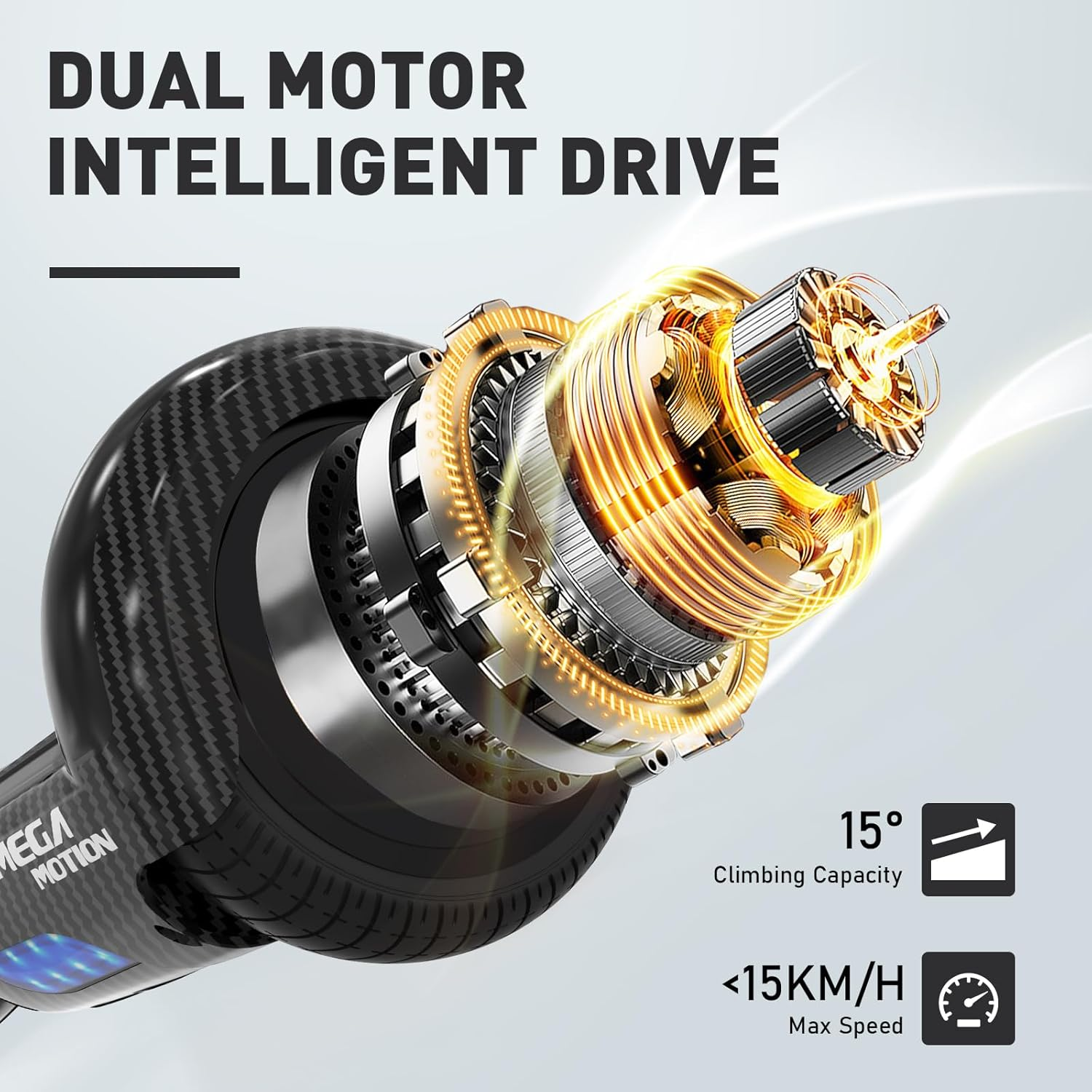 Primer plano de un motor doble. Partes mecánicas. Fondo oscuro. Texto: velocidad máx., capacidad de ascenso.
