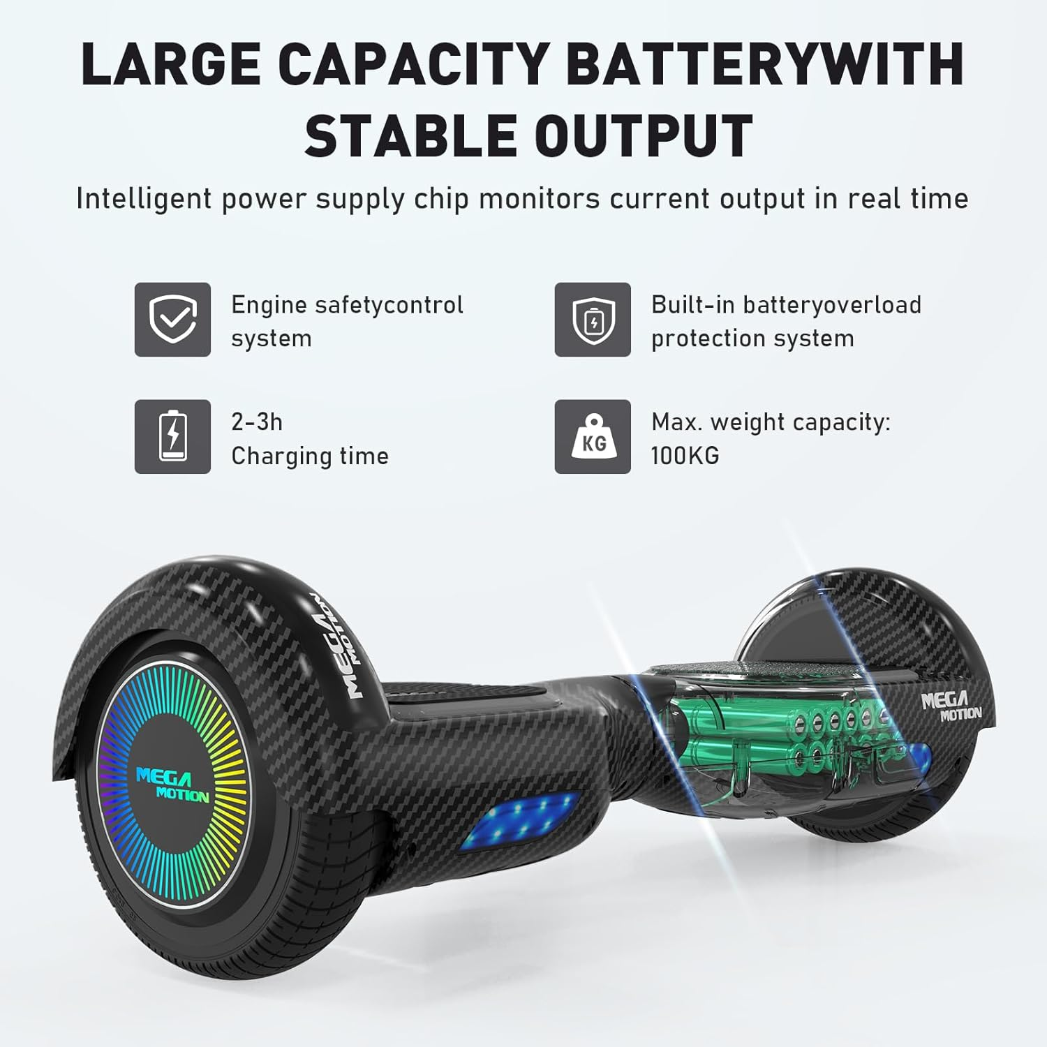 Hoverboard negro con luces LED coloridas y diseño de fibra de carbono.