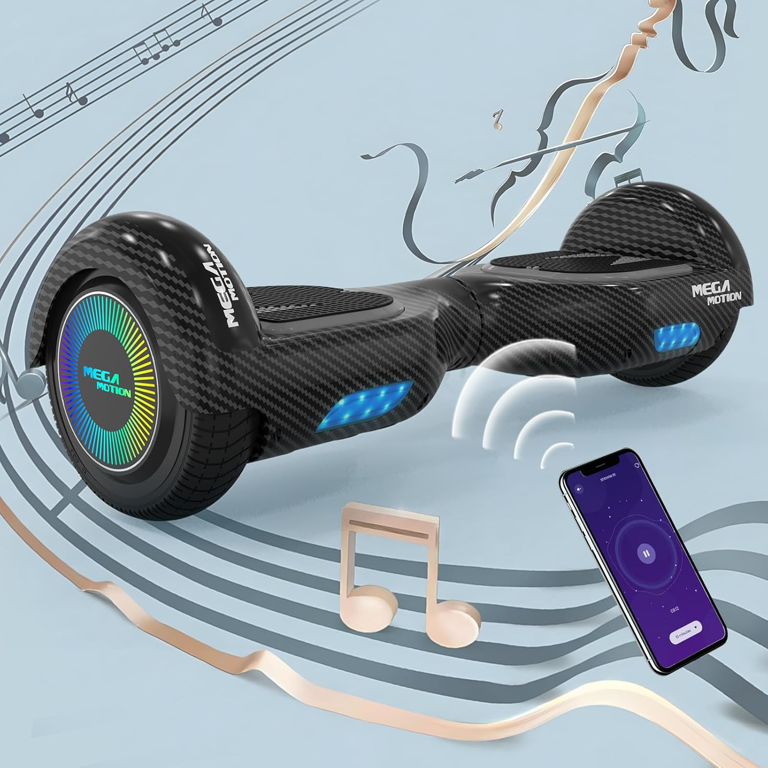 Un hoverboard negro con luces azules en las ruedas y un teléfono inteligente mostrando música.