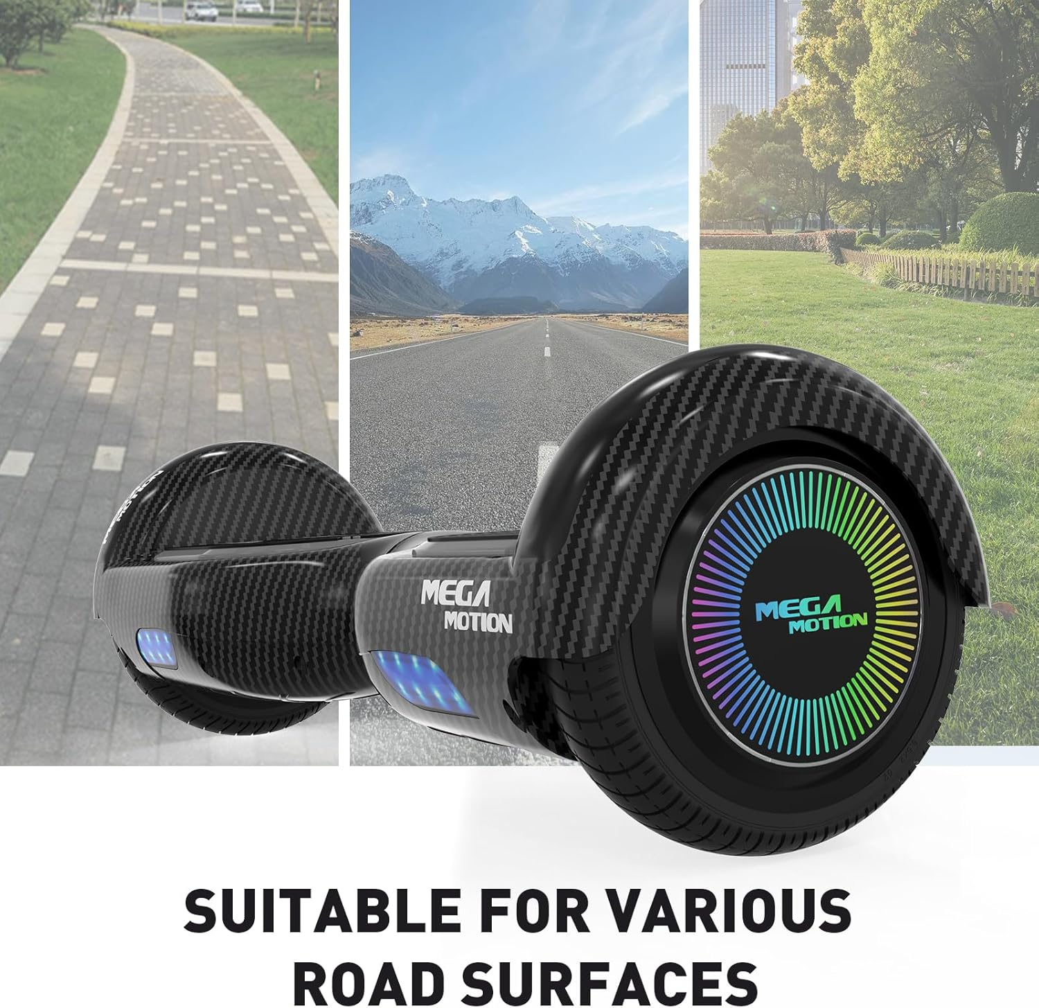 Hoverboard negro con una pantalla de luz colorida en el centro y texto en la parte inferior.