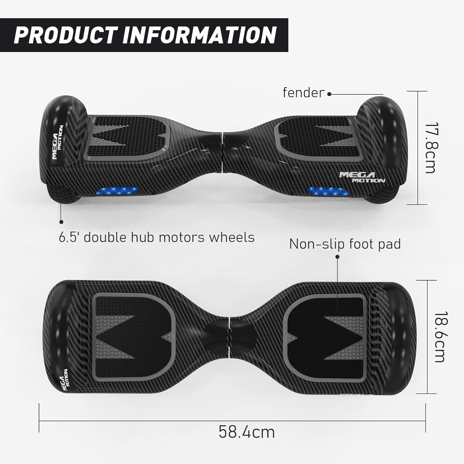 Un hoverboard negro con textura de fibra de carbono, con sus medidas y etiquetas como ruedas y almohadillas.