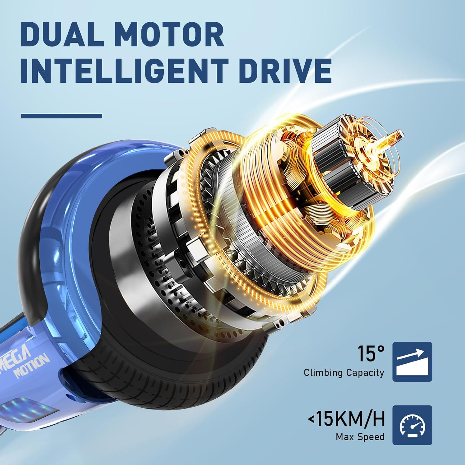 Niebiesko-czarny osobisty transporter z tekstem o podwójnym silniku i prędkości.