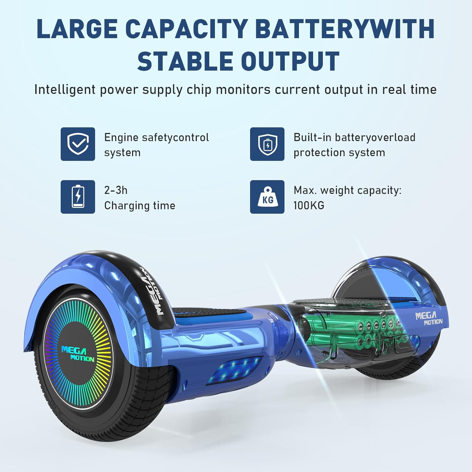 Niebieski hoverboard wyświetlający funkcje. Tekst: 'Bateria o dużej pojemności'. Tło jest niebieskie.