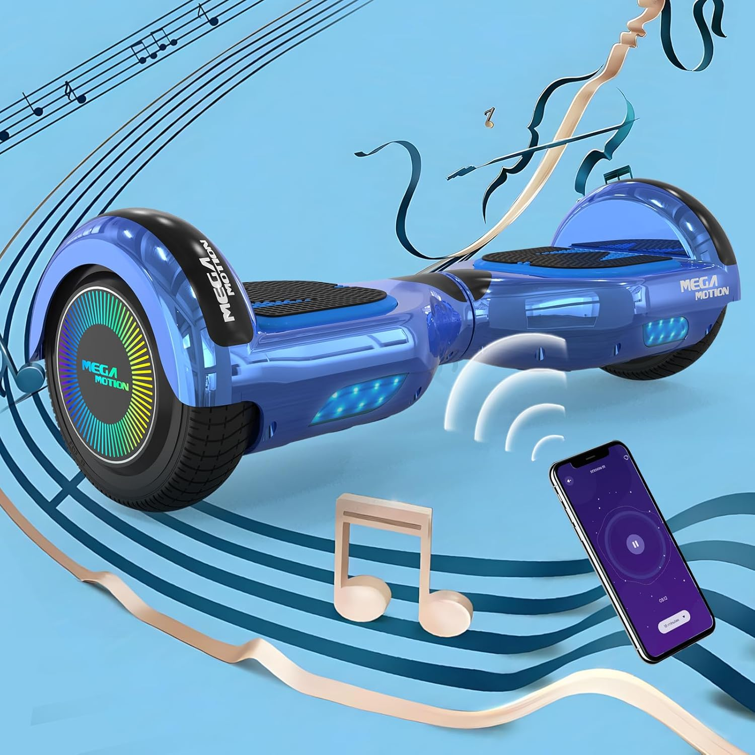 Niebieski hoverboard ze światłami, telefon wyświetlający aplikację muzyczną i nuty.