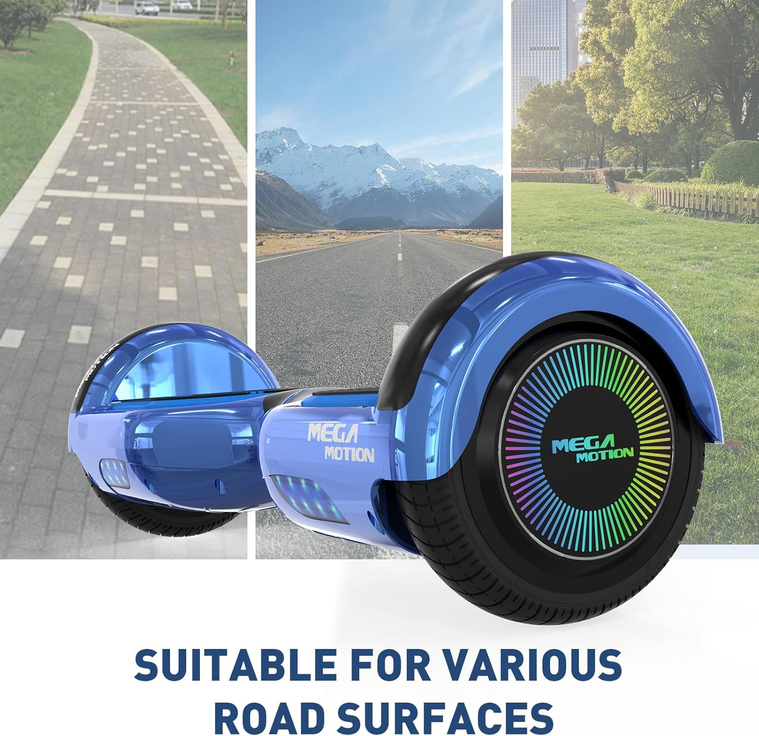 Niebieska deskorolka elektryczna z MEGA MOTION, trzy sceny w tle: droga, góry, trawa. Tekst: Odpowiedni do różnych dróg.