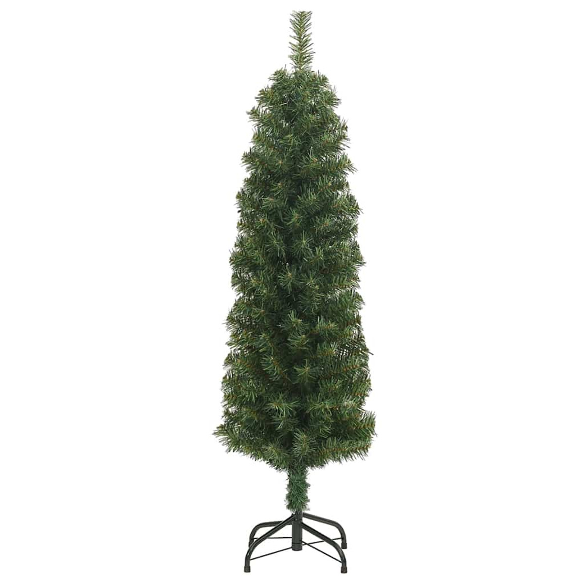 Ein grüner künstlicher Weihnachtsbaum steht auf einem schwarzen Metallsockel. Der Baum ist schmucklos und hat eine hohe, schlanke Form.
