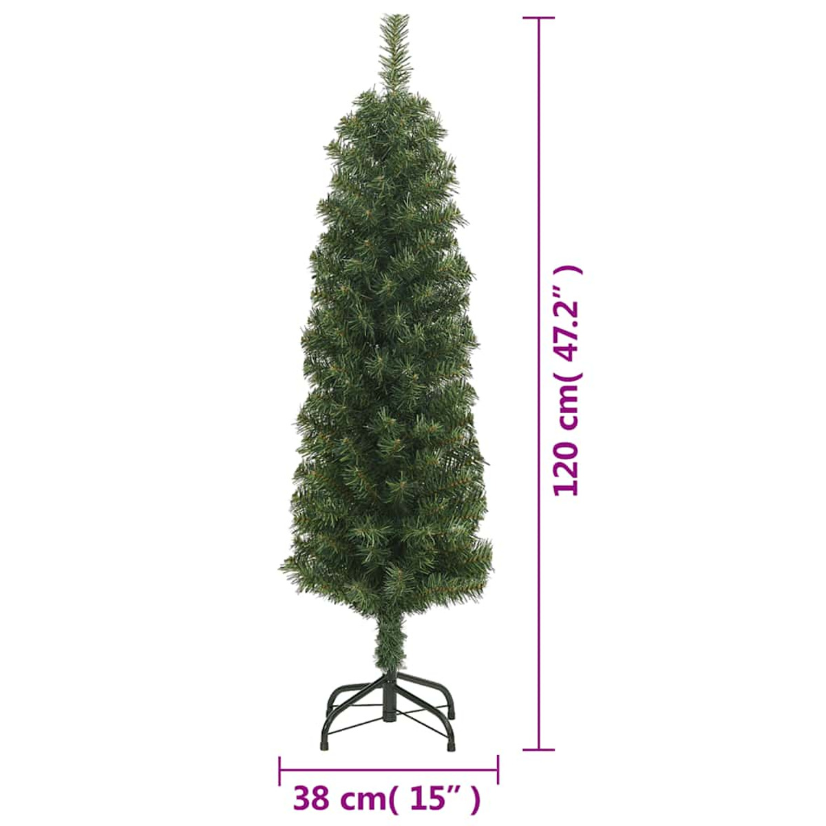 Ein grüner Weihnachtsbaum auf weißem Hintergrund. Er ist 120 cm hoch und 38 cm breit.