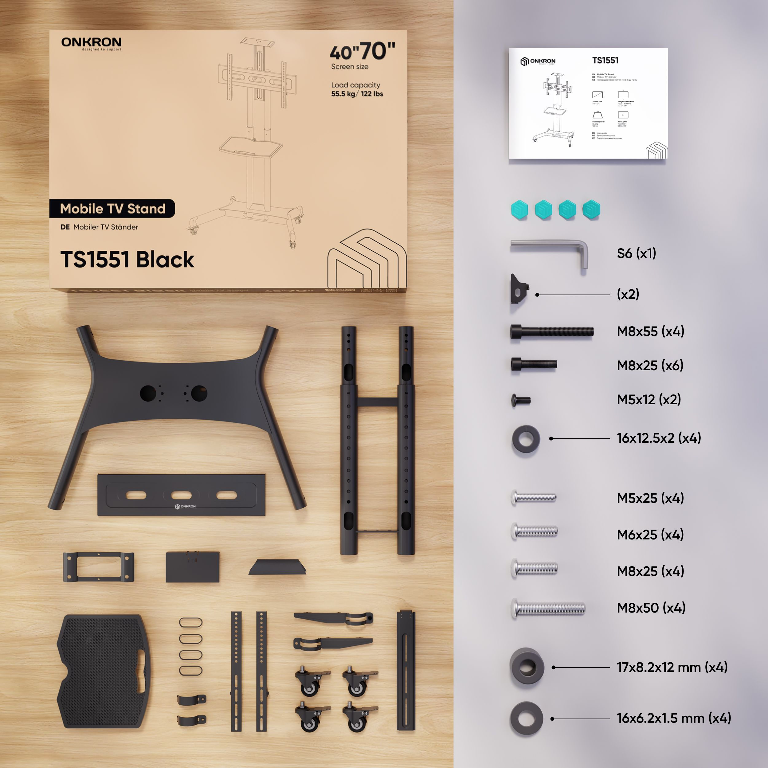 Zdemontowany stojak pod telewizor z częściami ułożonymi na drewnie, z widocznym pudełkiem i instrukcją.