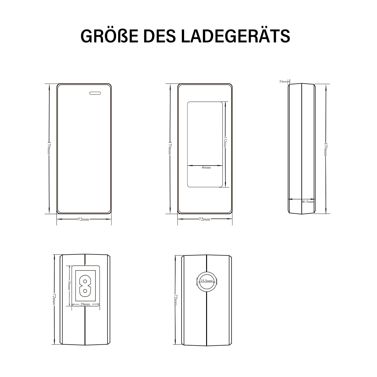 Diagramm eines Ladegeräts mit Abmessungen in Millimetern und Zoll.