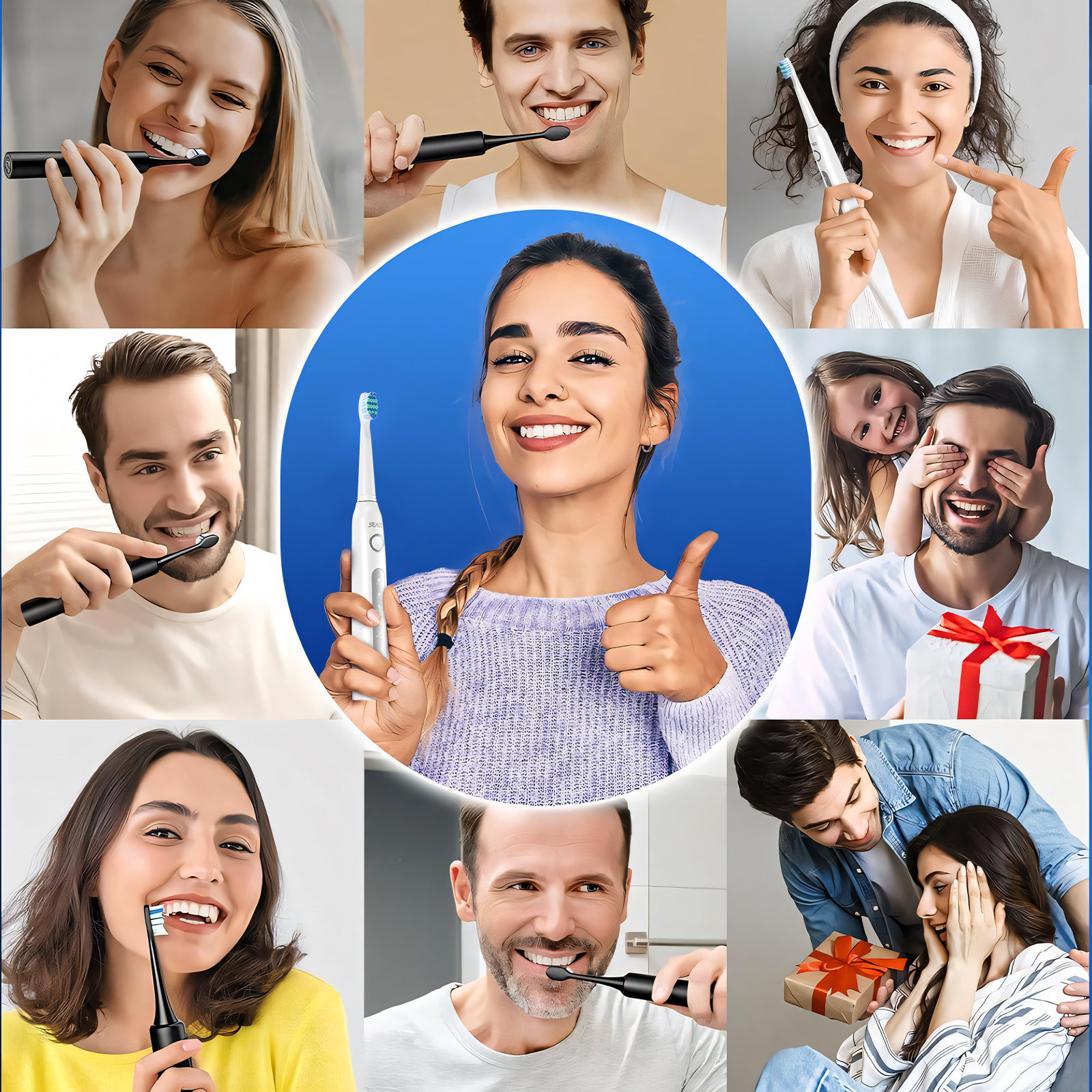 Eine Collage von Menschen, die lächeln, während sie schwarz-weiße Zahnbürsten benutzen.