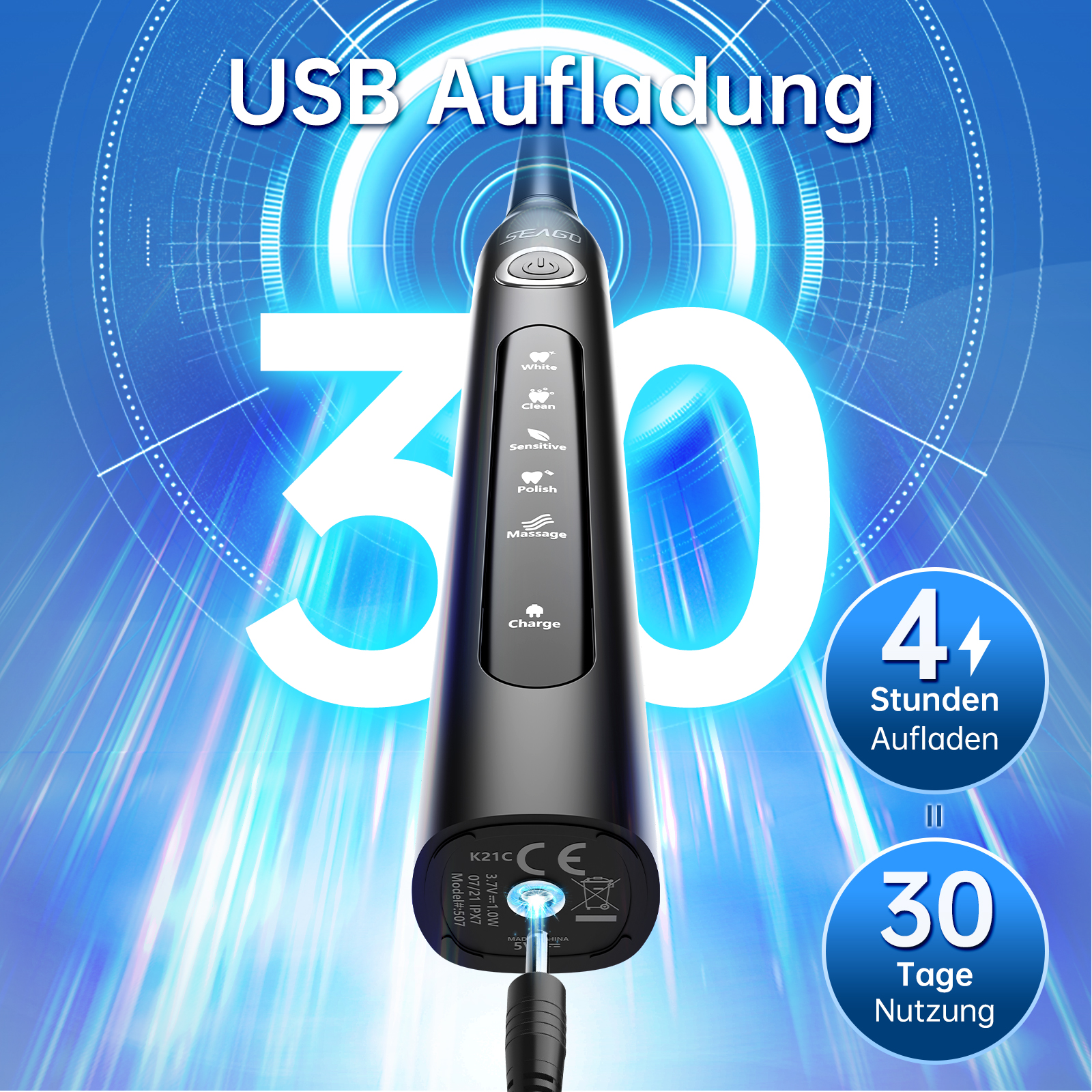 Schwarze elektrische Zahnbürste mit Bildschirm. Es zeigt USB-Aufladung und 30 Tage Nutzung an.