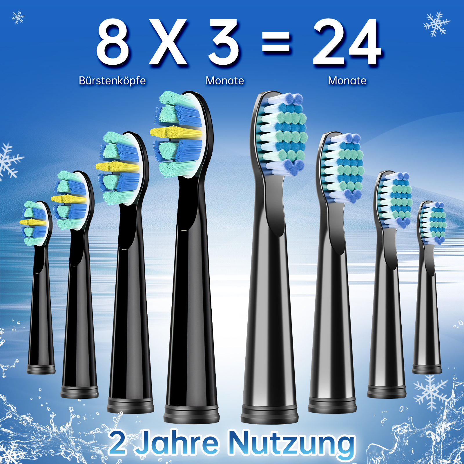 Mehrere Zahnbürstenköpfe mit unterschiedlich farbigen Borsten. Text oben: "8X3=24". Text unten: "2 Jahre Nutzung".