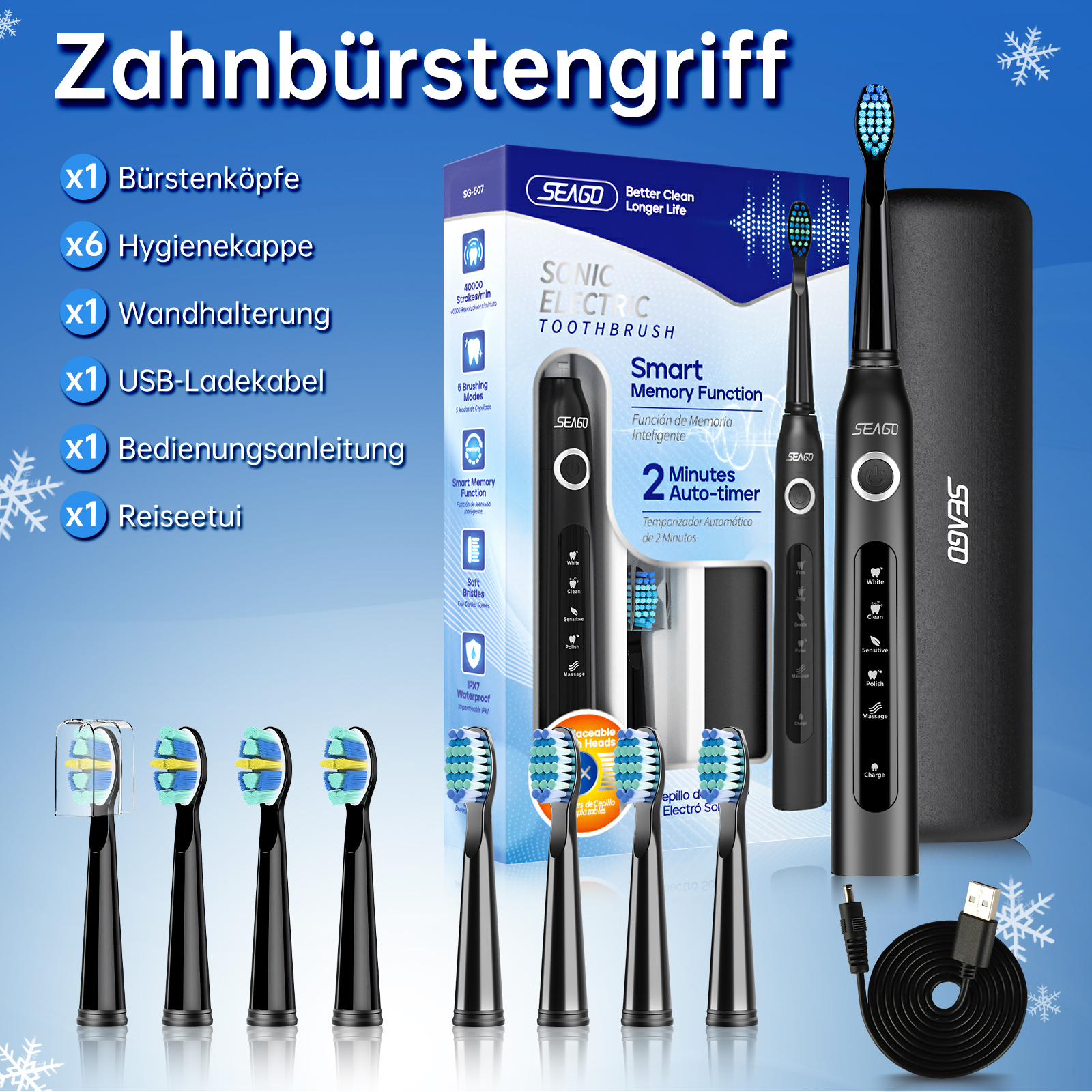 Elektrisches Zahnbürstenset mit mehreren Bürstenköpfen, schwarzem Etui und USB-Kabel auf weißer Oberfläche.