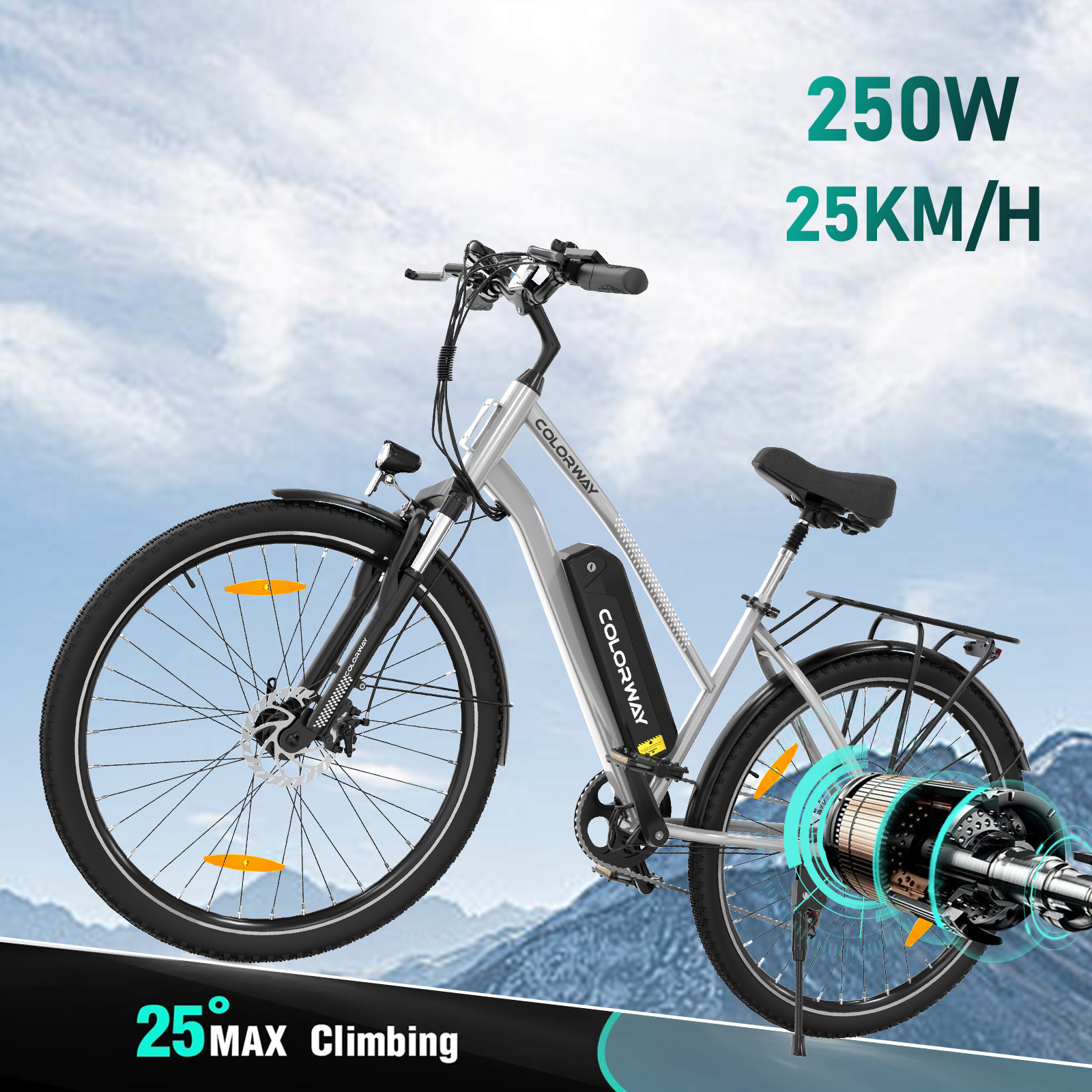 Elektrofahrrad mit Spezifikationen vor Himmel und Wolken.