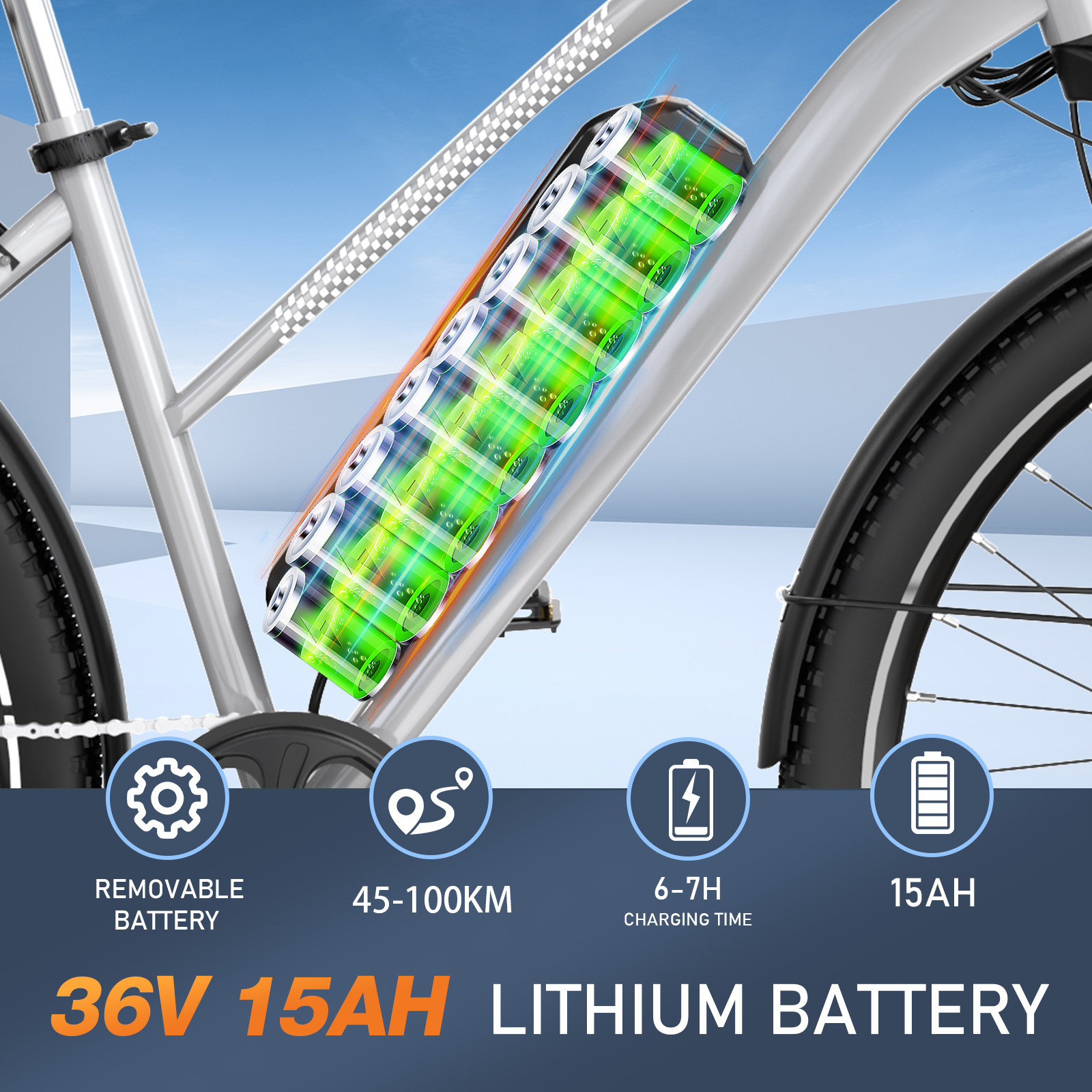 Elektrofahrrad mit großem Akku, mit Beschreibungen der wichtigsten Funktionen.