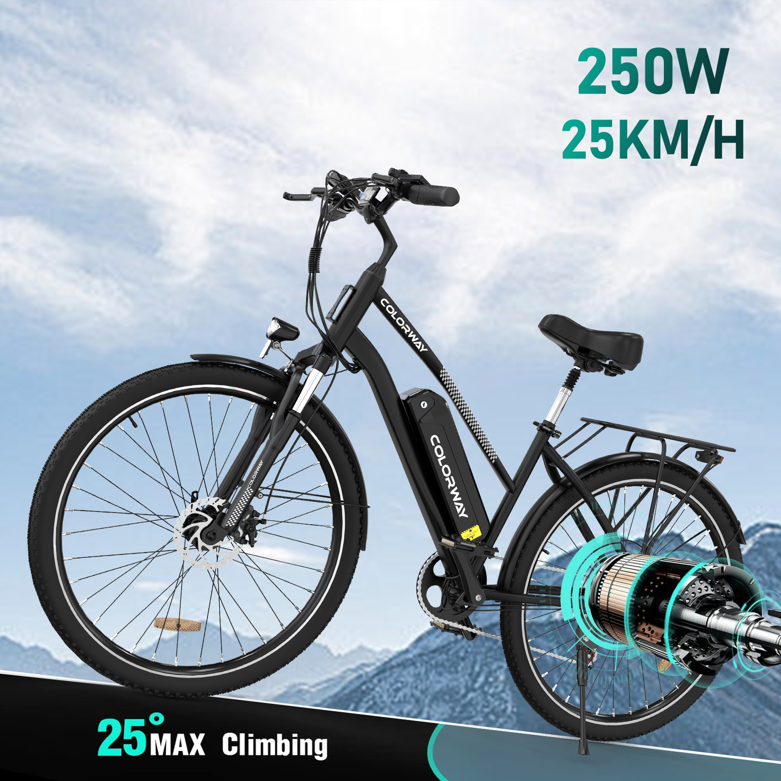 Ein schwarzes Elektrofahrrad mit Text und Grafiken, die es auf einem Himmelhintergrund bewerben.