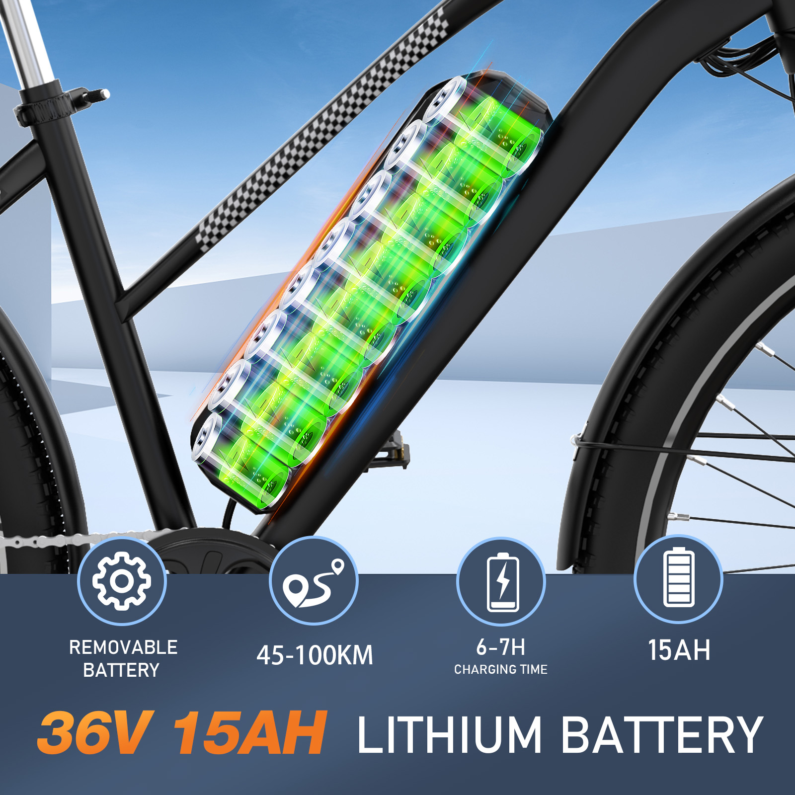 Ein Fahrrad mit Akku, mit Text: 36V 15AH LITHIUM-BATTERIE. Verschiedene Statistiken zeigend.