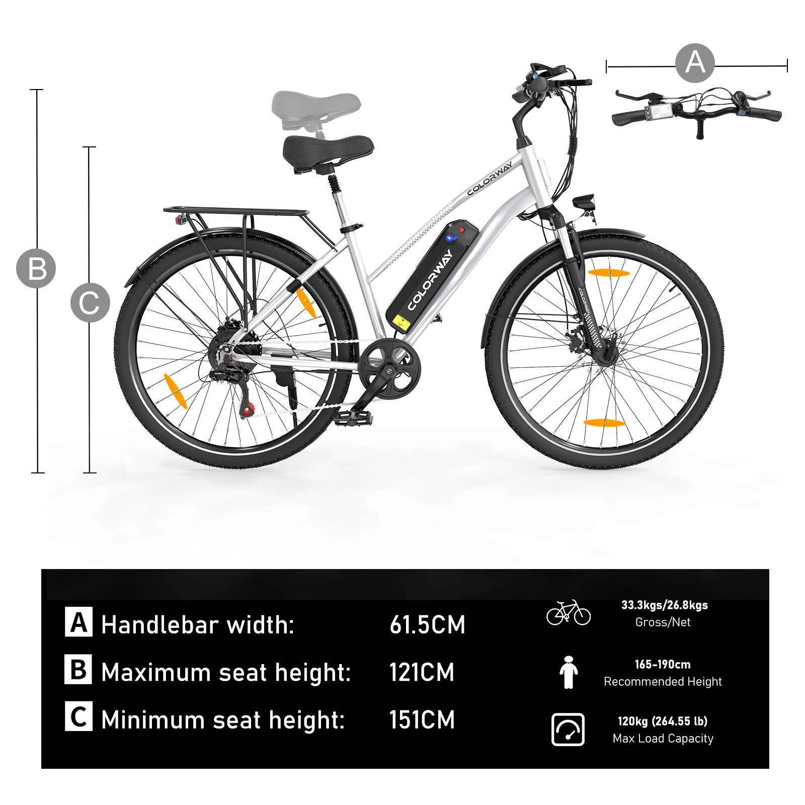 Silbernes und weißes Fahrrad. Zeigt ein Fahrrad mit Abmessungen und der Körpergröße einer Person.