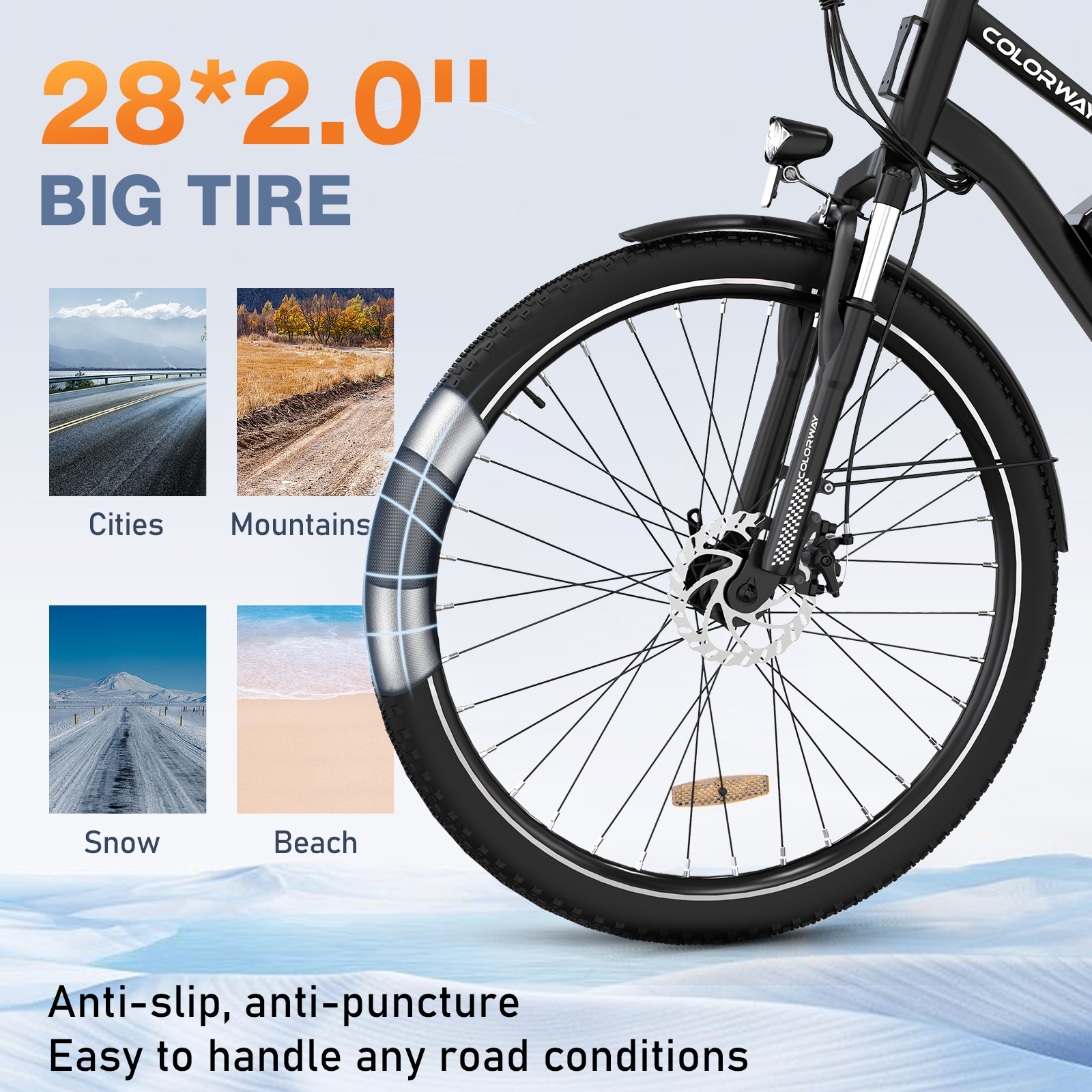 Schwarzer Fahrradreifen mit dem Text '28*2.0'' BIG TIRE' und Bildern verschiedener Terrains.