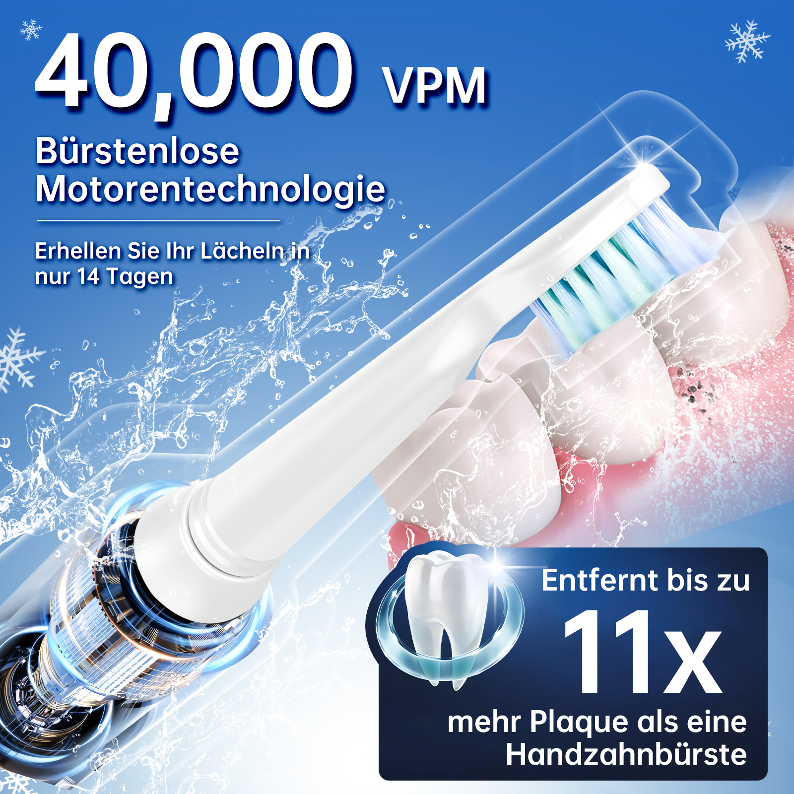 Eine Zahnbürste mit Text über 40.000 VPM und Plaqueentfernung. Im Vordergrund ist ein Zahn abgebildet.