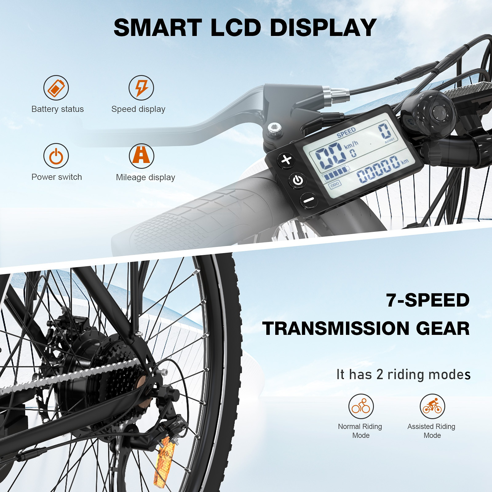 Fahrrad-Display mit Geschwindigkeit und Batteriestatus. Das Fahrrad hat 7 Gänge.