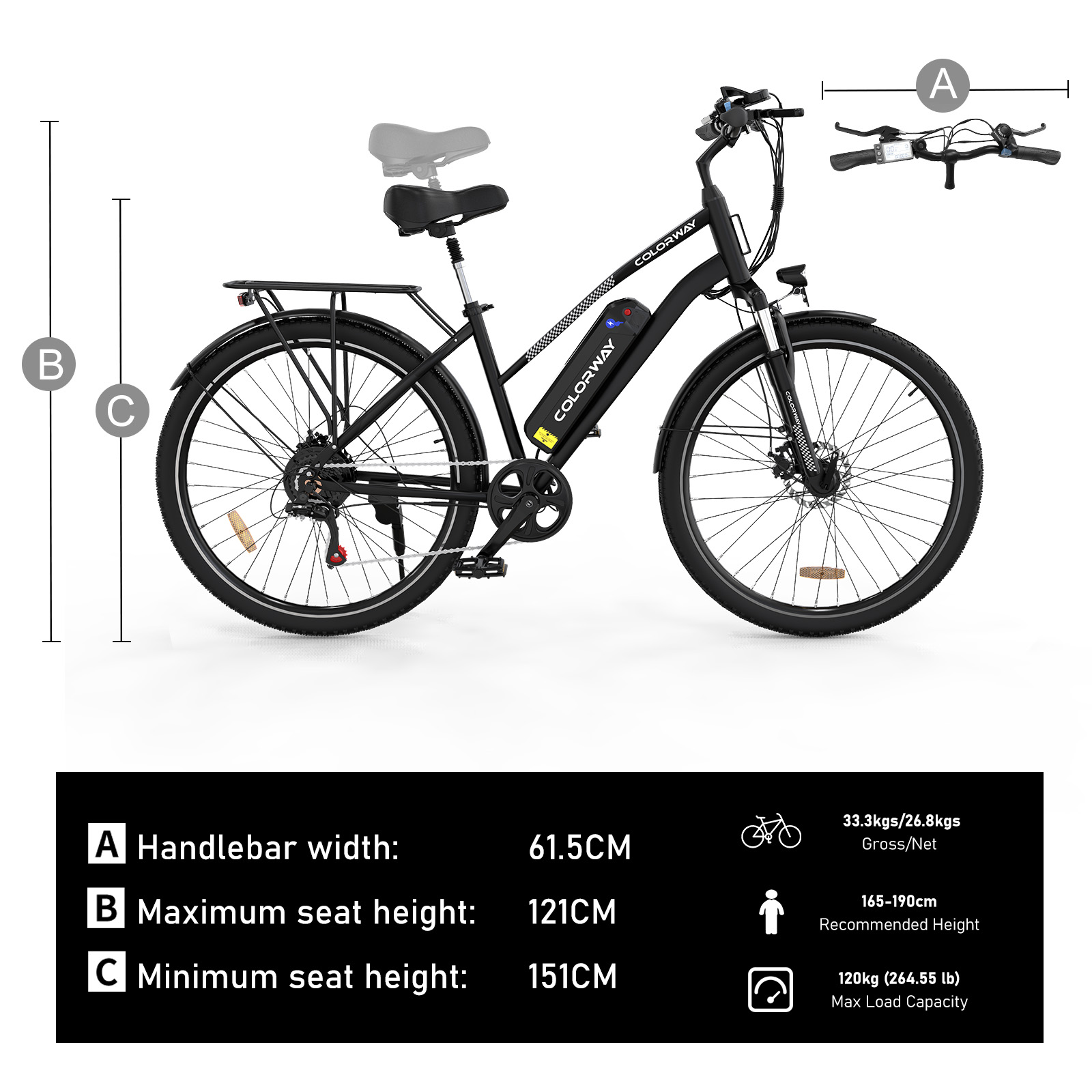 Schwarzes und silbernes COLORWAY-Fahrrad mit Maßen: Lenkerbreite, Sitzhöhe und maximale Tragfähigkeit.