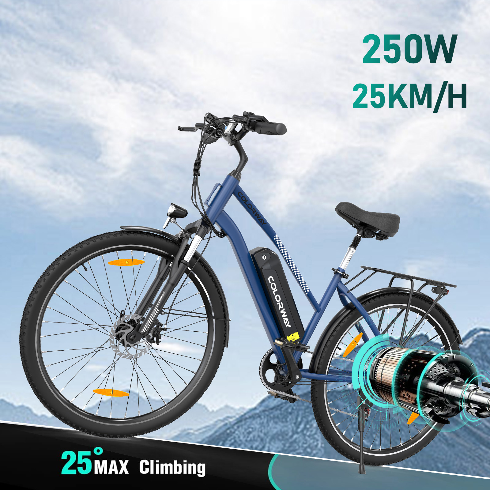 Ein blaues Elektrofahrrad vor einem Himmel mit Textüberlagerung.