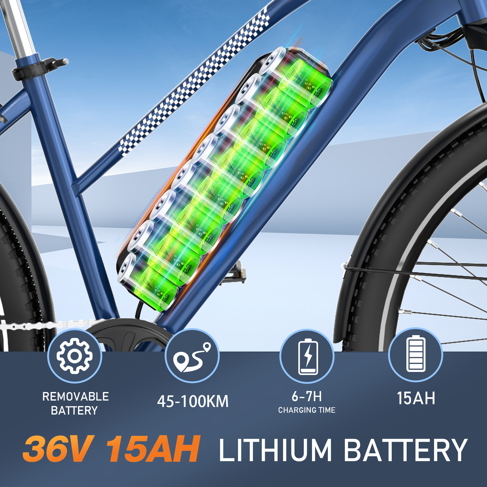 Ein Elektrofahrrad mit Akku. Der Akku ist mit einem Diagramm hervorgehoben. Blauer Fahrradrahmen.