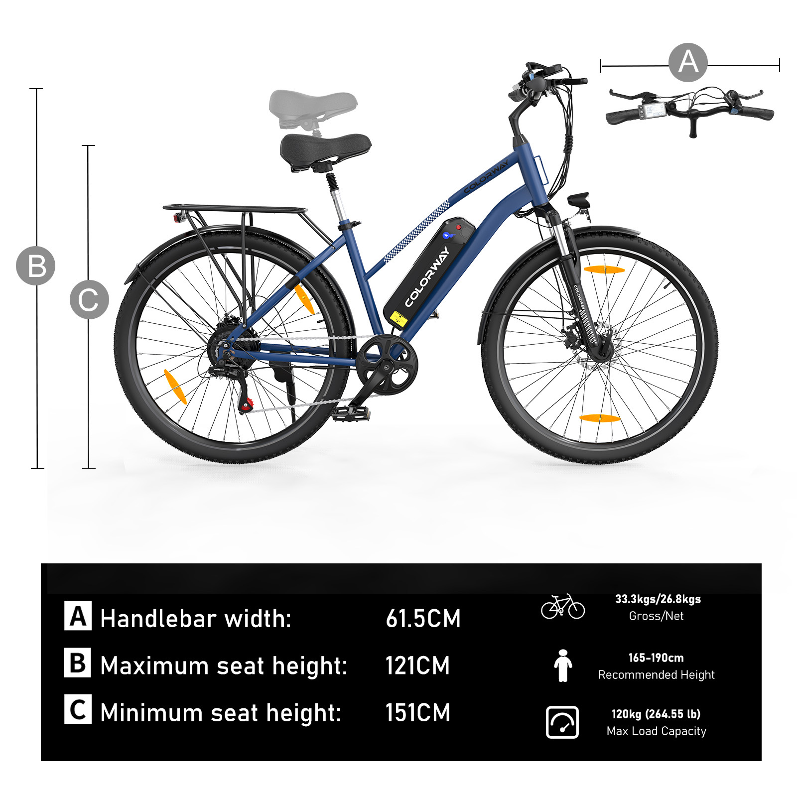 Blaues Fahrrad mit Spezifikationen: Lenkerbreite, Sitzhöhe und maximale Belastung.