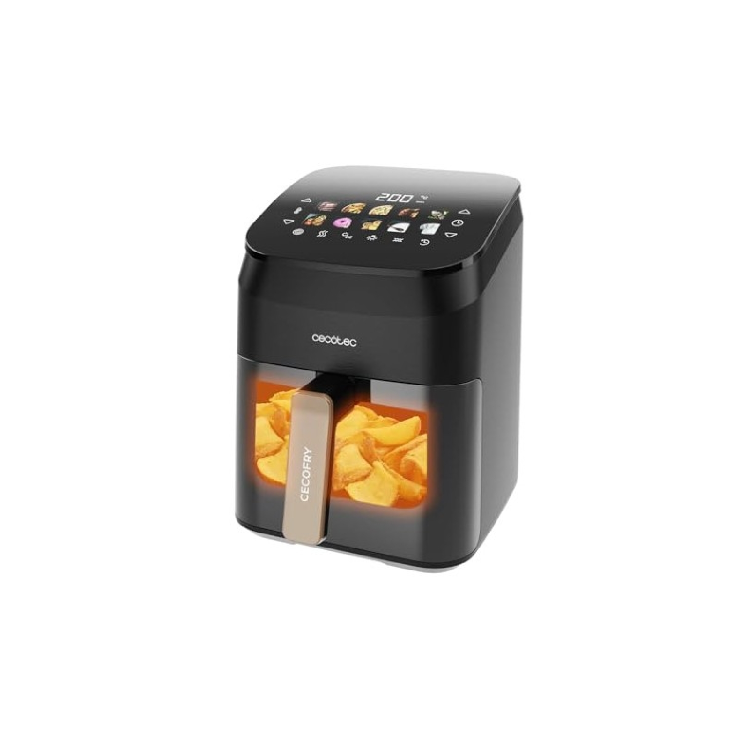 Czarna frytownica powietrzna z jedzeniem w środku. Wyświetlacz cyfrowy i panel sterowania na górze. Białe tło.