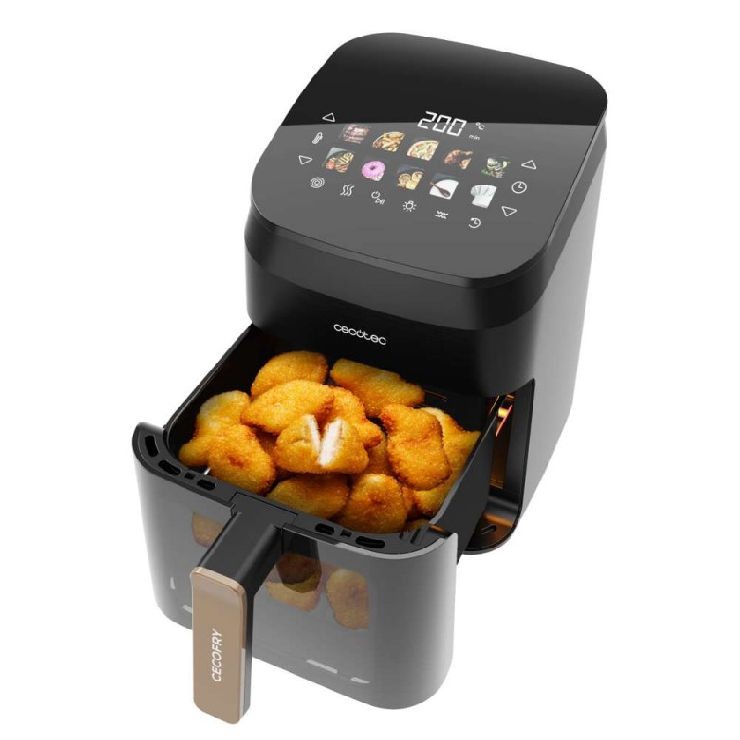 Czarna frytkownica z nuggetami w środku. Górny wyświetlacz pokazuje ustawienia. Uchwyt: 'CECOFRY'.