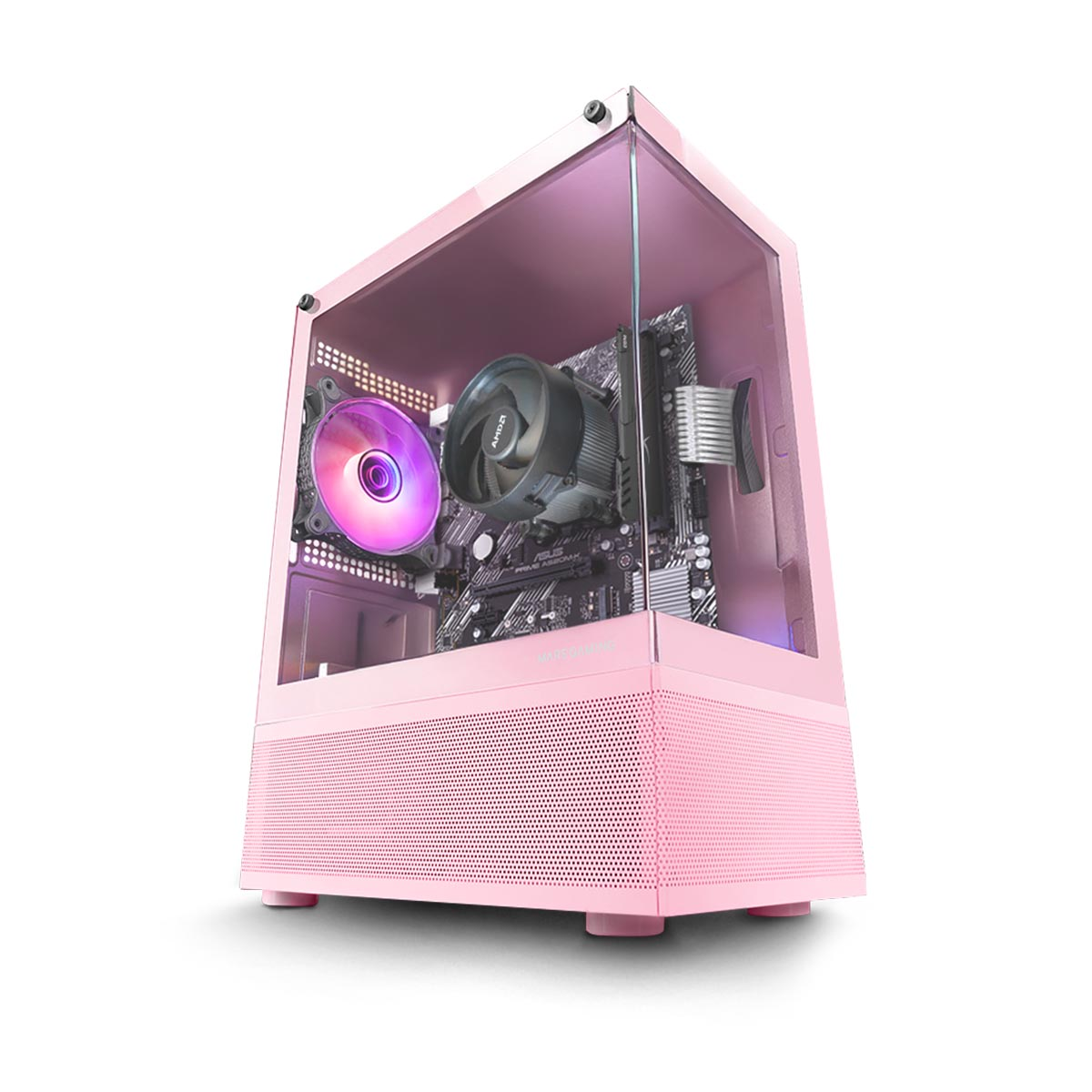 Case PC rosa con componenti visibili attraverso il pannello di vetro, su sfondo bianco.