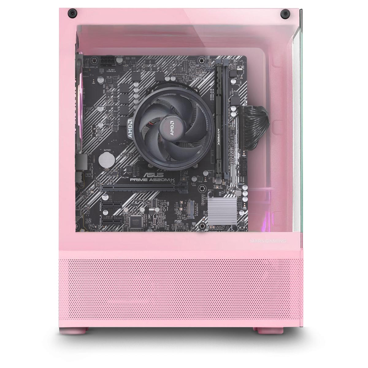 Interno del case PC rosa con componenti visibili, su sfondo bianco.