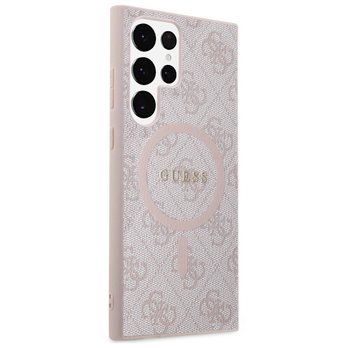 Eine rosa Handyhülle mit Guess-Logo und Muster, mit Kameramodul.