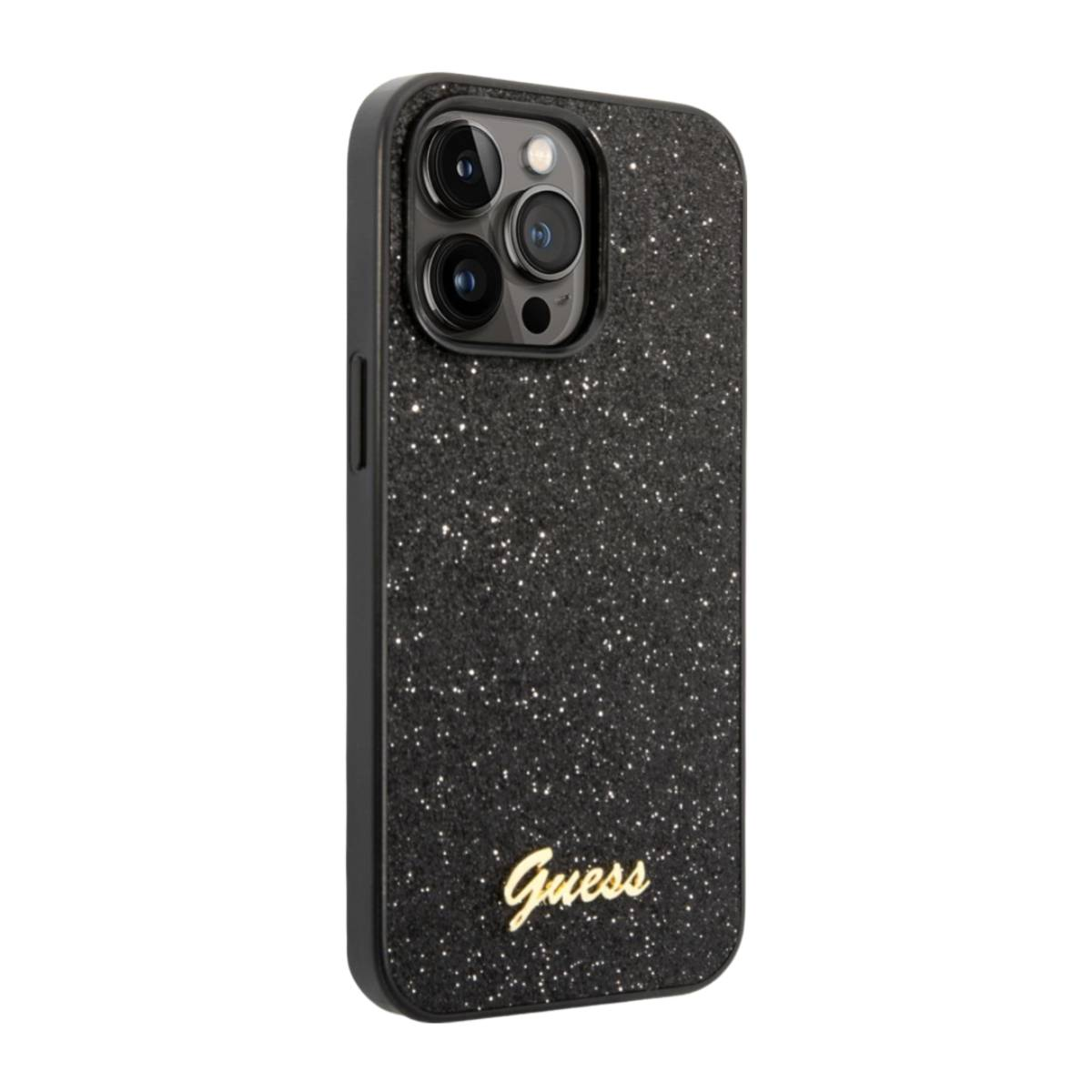 Schwarze Glitzer-Handyhülle mit goldenem Guess-Logo.