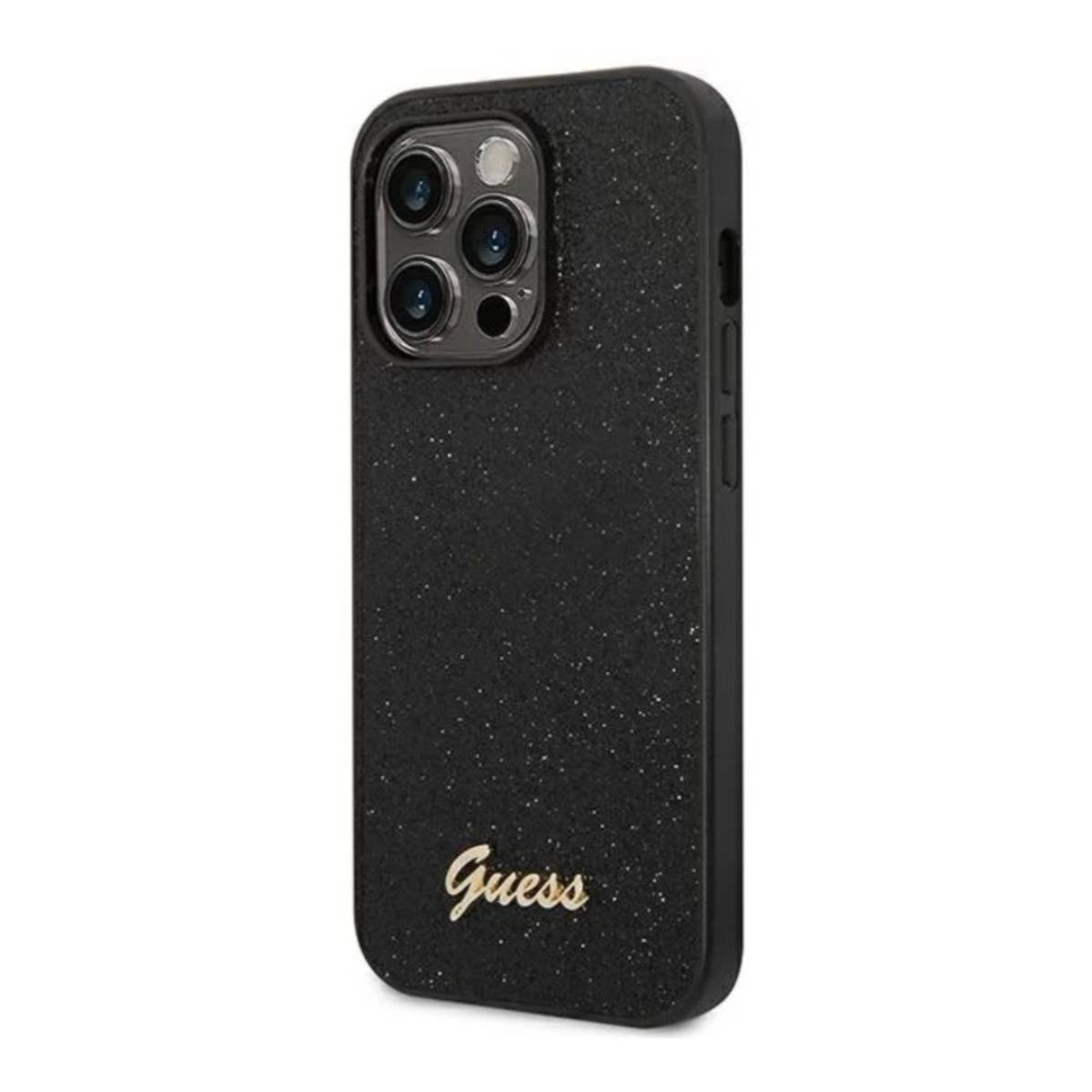 Una custodia per telefono nera con logo Guess dorato e superficie glitterata.