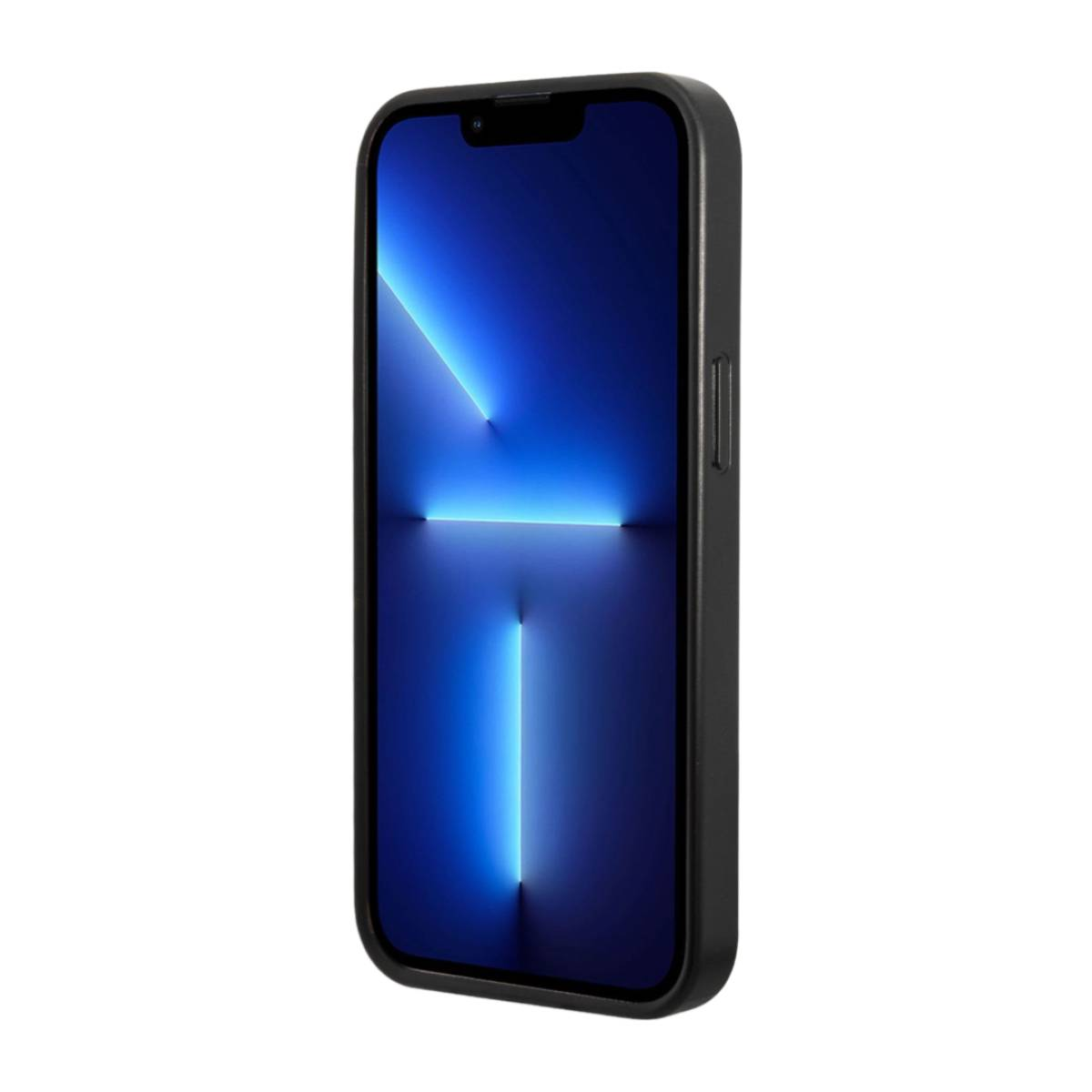 Schwarzes Smartphone in einer Hülle, mit blauem Bildschirm, Seitenansicht.