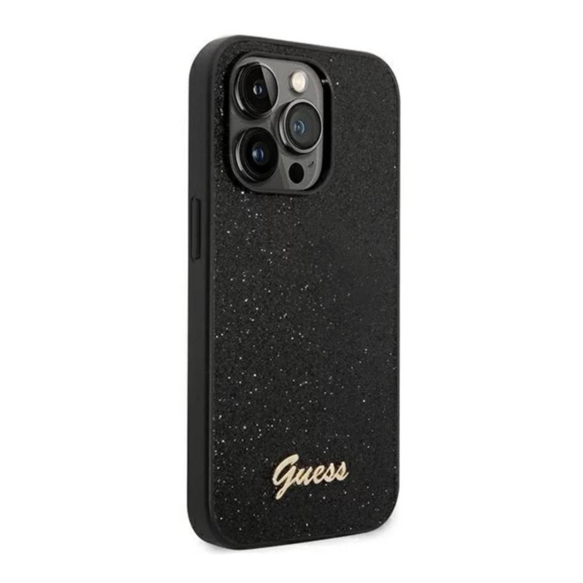Custodia per telefono nera e scintillante con il logo Guess e ritagli per la fotocamera.