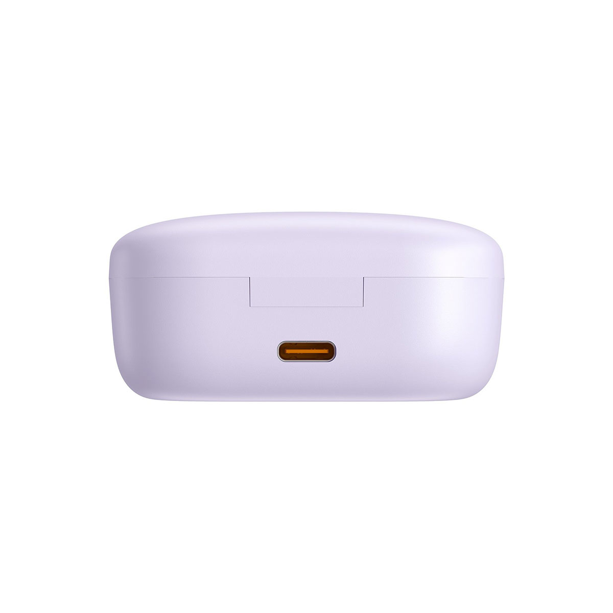 Zbliżenie jasnofioletowego etui ładującego słuchawki z portem ładowania.