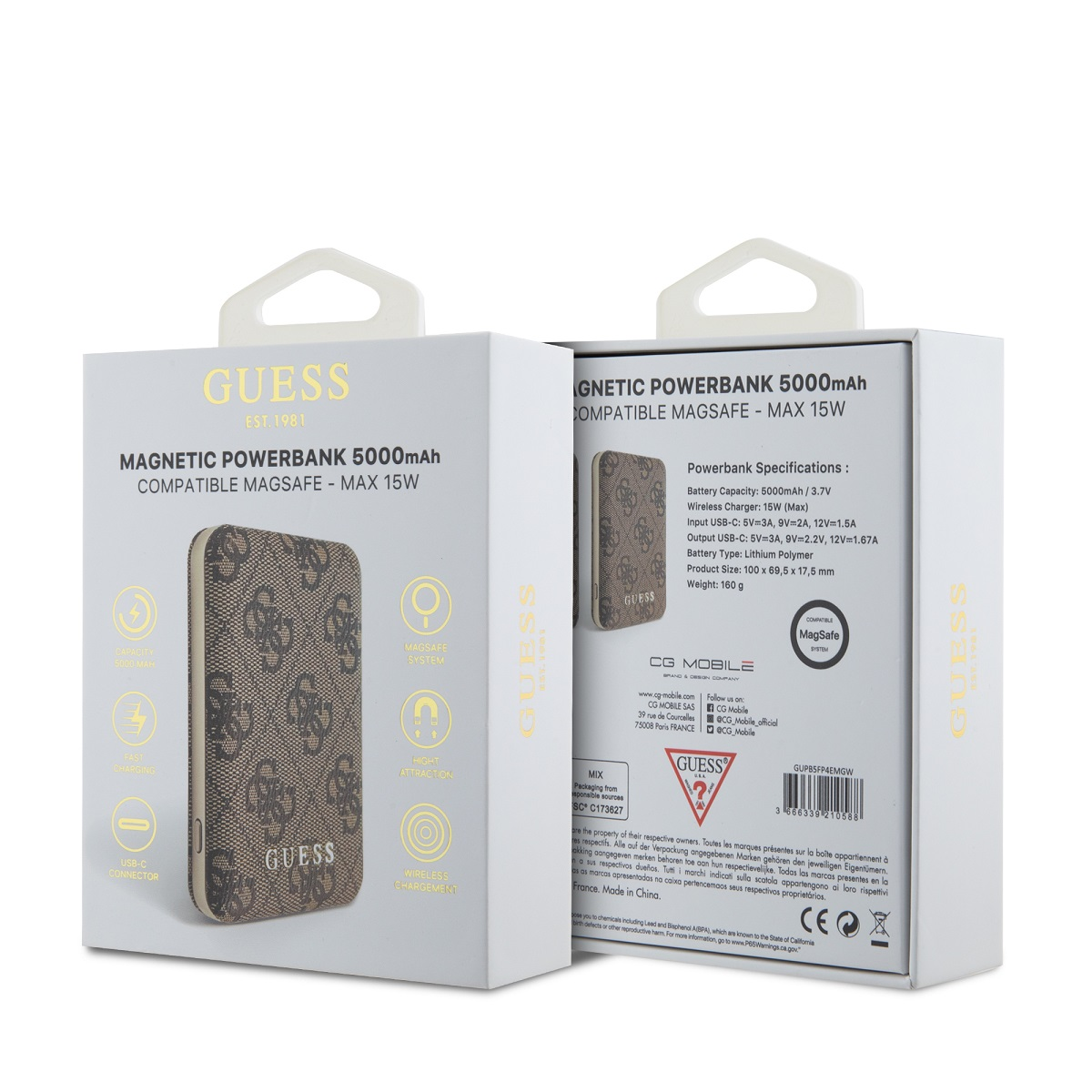 Een Guess powerbank verpakking met tekst en afbeeldingen, met de productdetails.