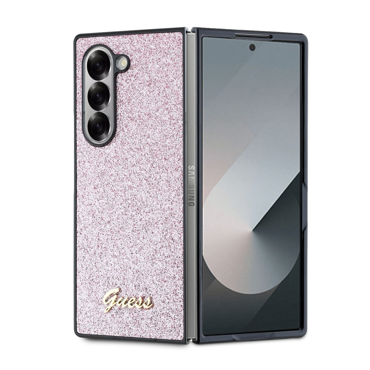 Telefono pieghevole in una custodia Guess rosa glitterata. Il telefono è aperto e lo schermo è visibile.