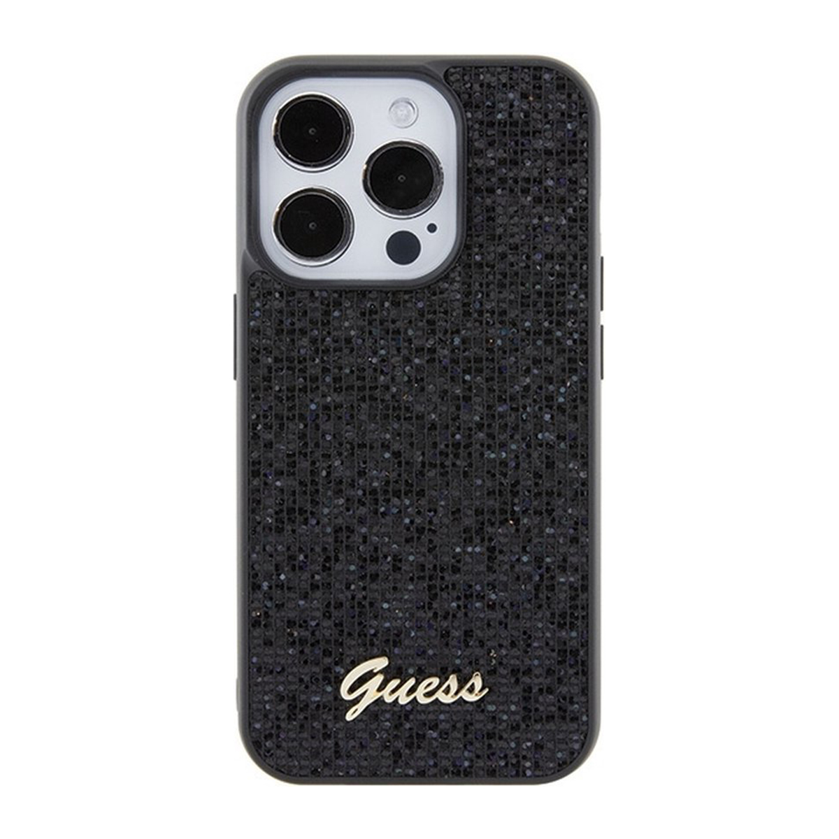 Una custodia per telefono nera scintillante con la parola 'Guess' in oro.