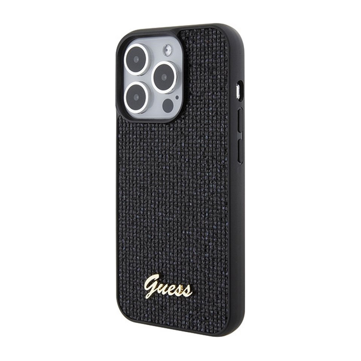 Una custodia per telefono Guess nera con superficie strutturata e logo dorato.