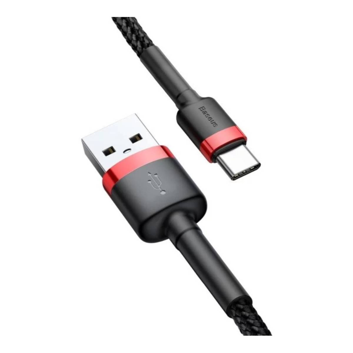Czarny i czerwony kabel USB-C z plecionym designem i logo Baseus na złączu.