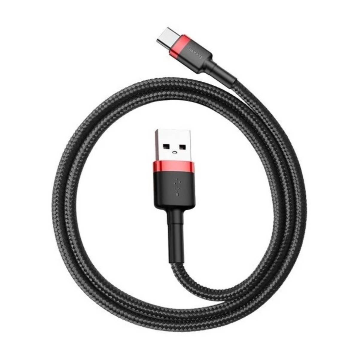 Czarny i czerwony kabel USB-C. Jest zwinięty i ma złącze USB na jednym końcu i USB-C na drugim.